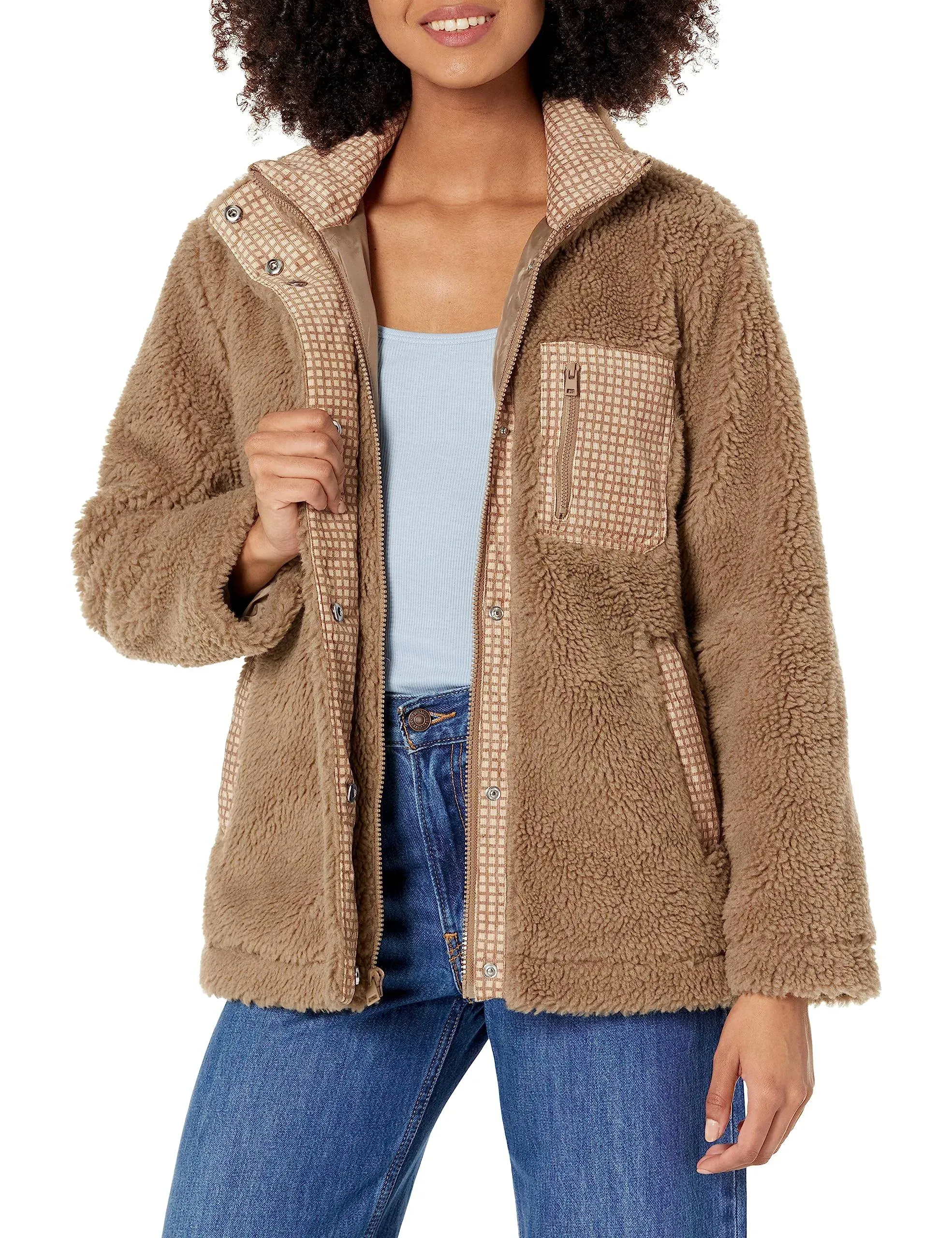 Kensie Women's Zip Front Sherpa Jacket with Contrast Pockets