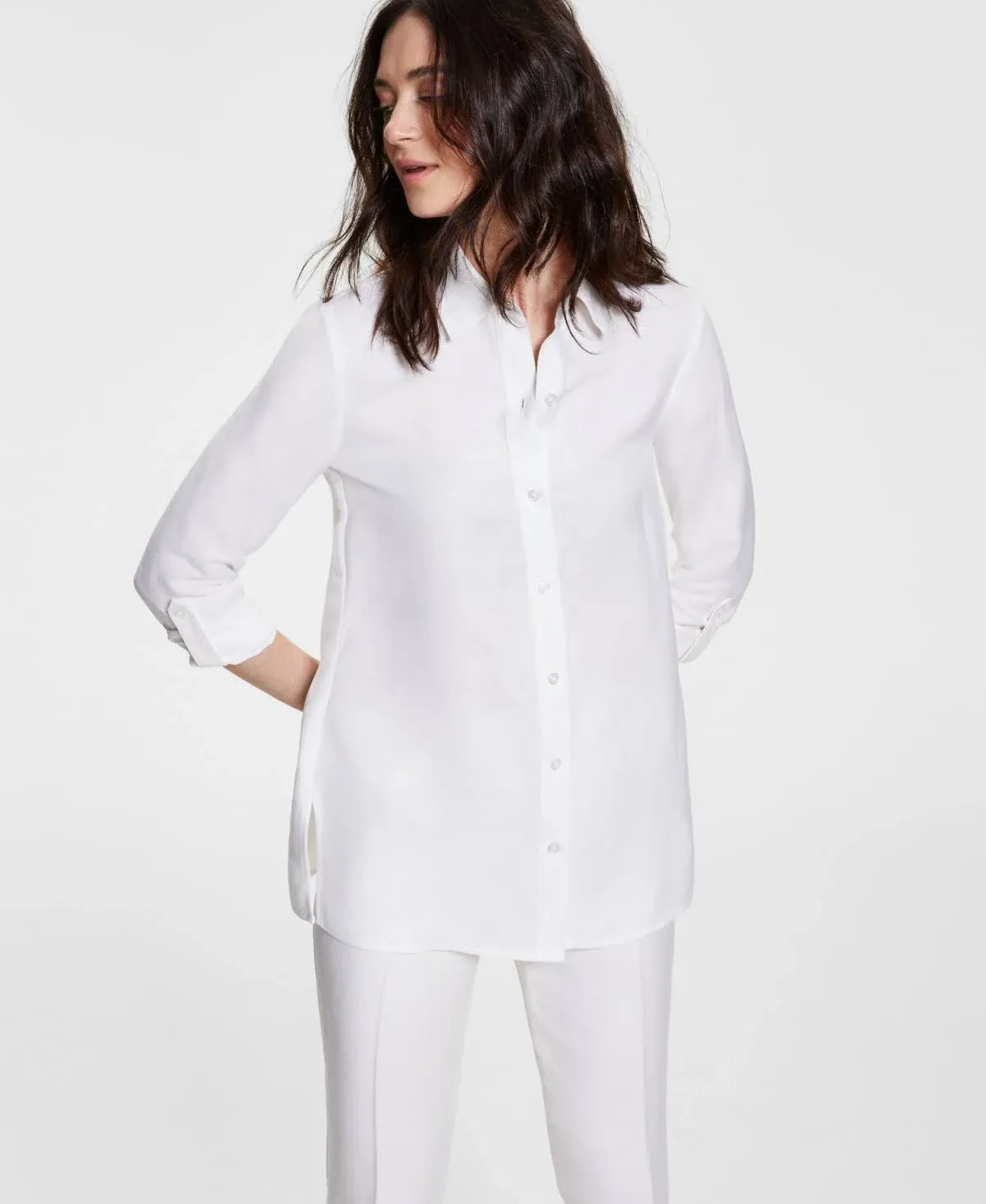 Anne Klein Button-Down Linen-Blend Tunic - White - Medium