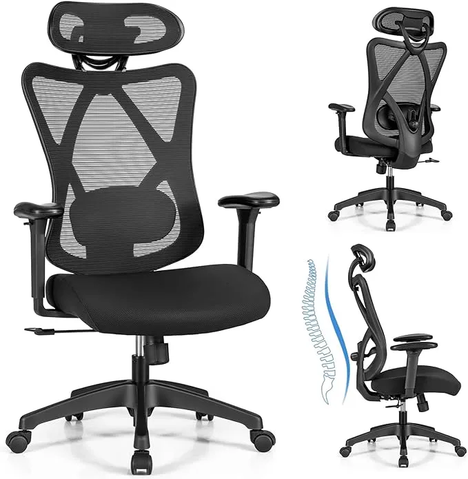 COSTWAY Ergonomic Executive Office Chair, High Back Mesh Computer Desk Chair with Adjustable Lumbar Support, Armrests and Headrest, Reclining Backrest, Swivel Task Chair for Home Office, Black