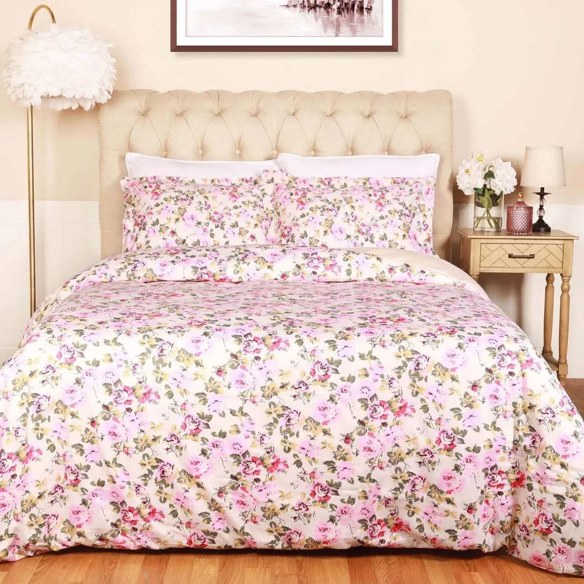 Superior Cotton Duvet Cover Set with Pillow Shams Vintage Floral, White, Full/Queen