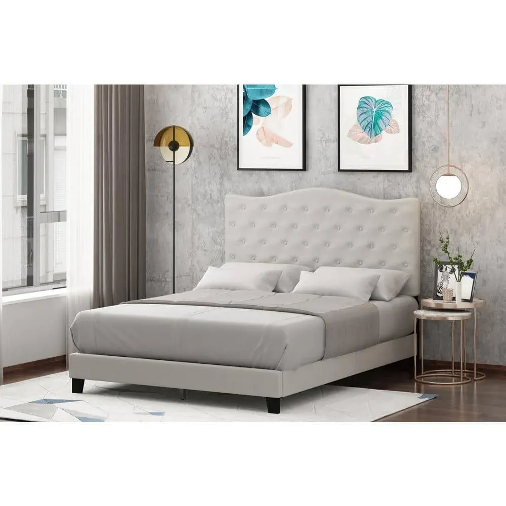 Furinno Lille Button Tufted Bed Frame, King, Gray