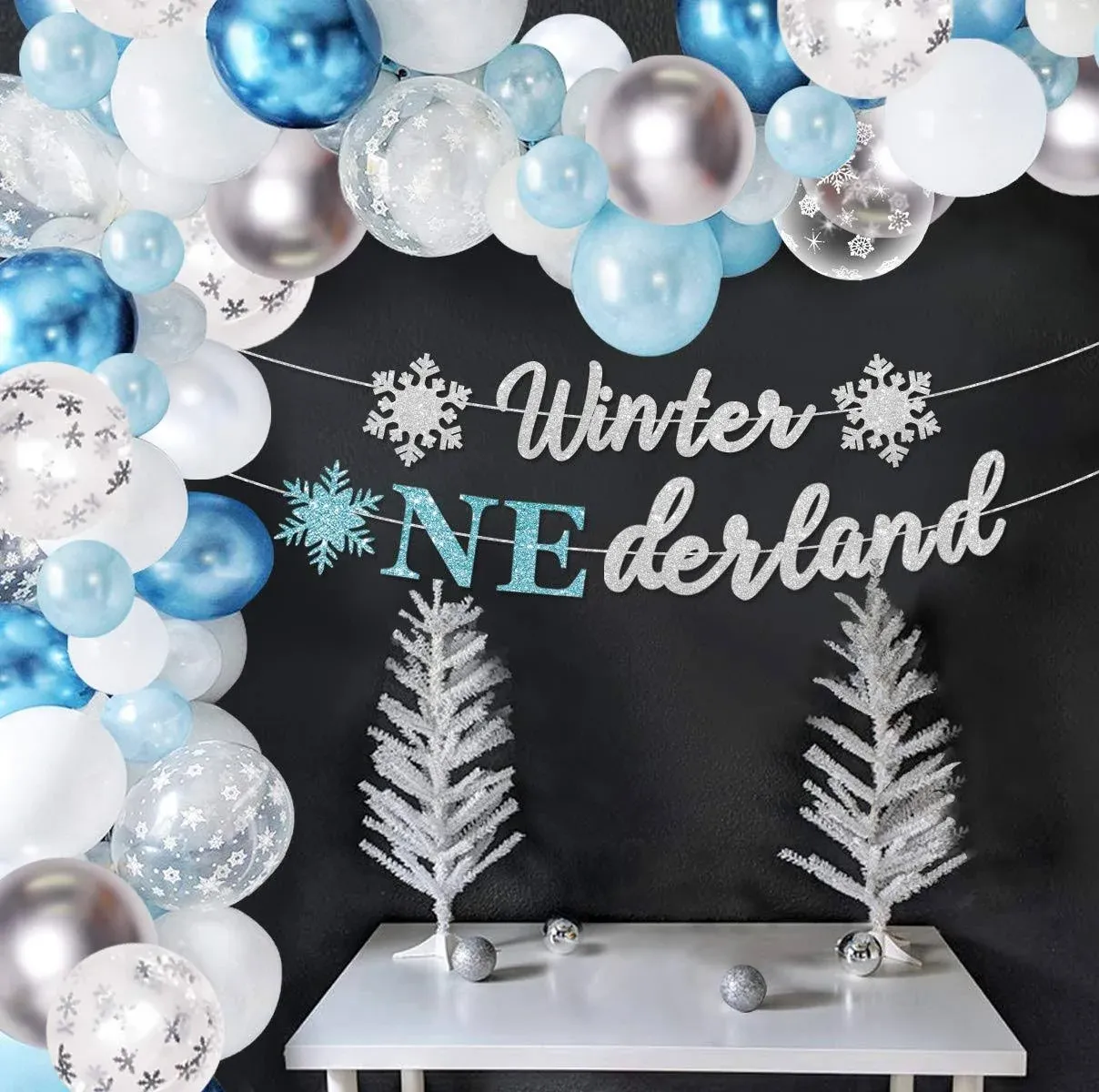 Snowflake Balloon Garland Arch Kit Blue and Sliver Winter Wonderland 1st Birthday Party Decorations for Girl Boy with Winter Onederland Banner