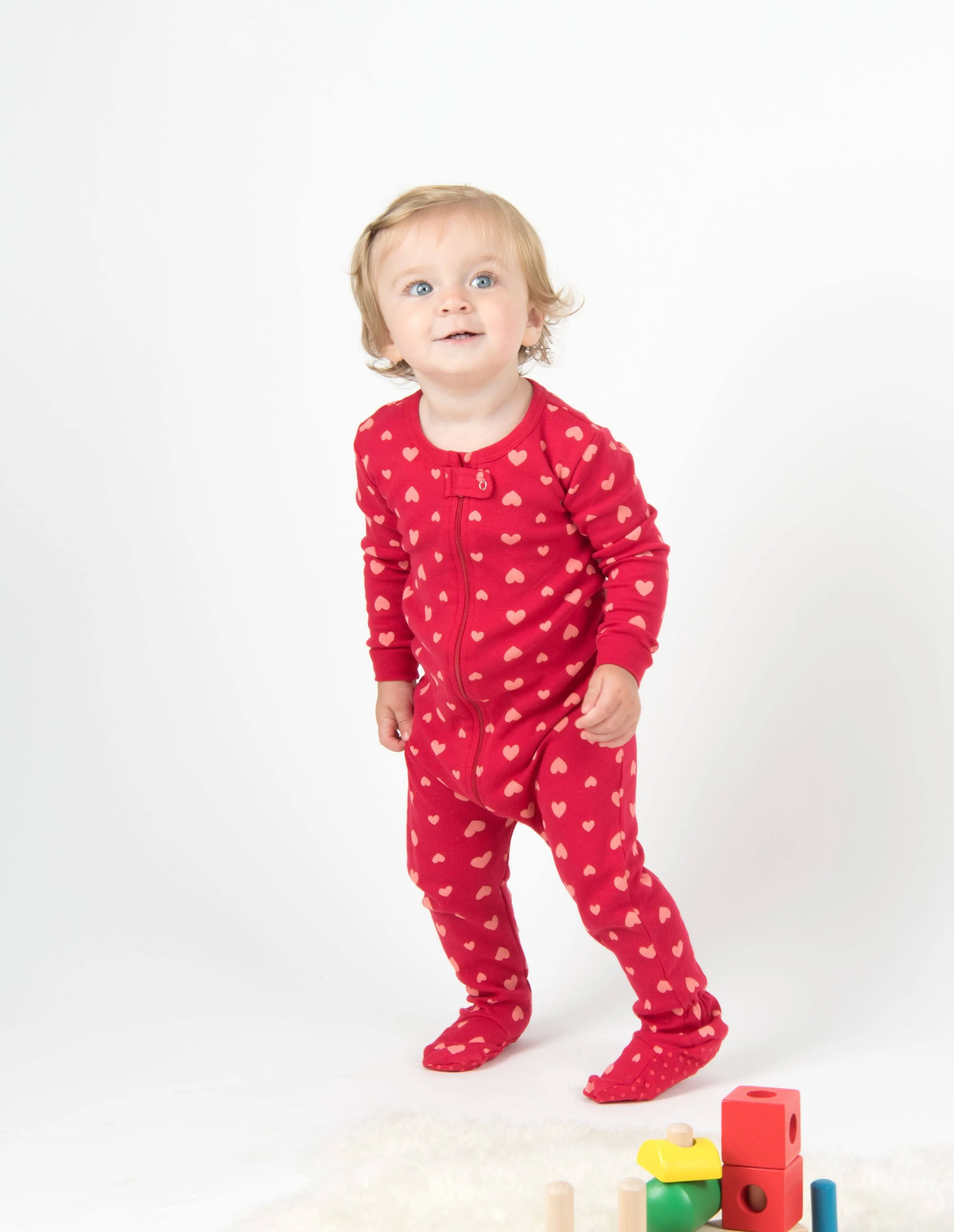 Leveret Baby Footed Hearts Pajamas hearts-red-pink / 3 Years