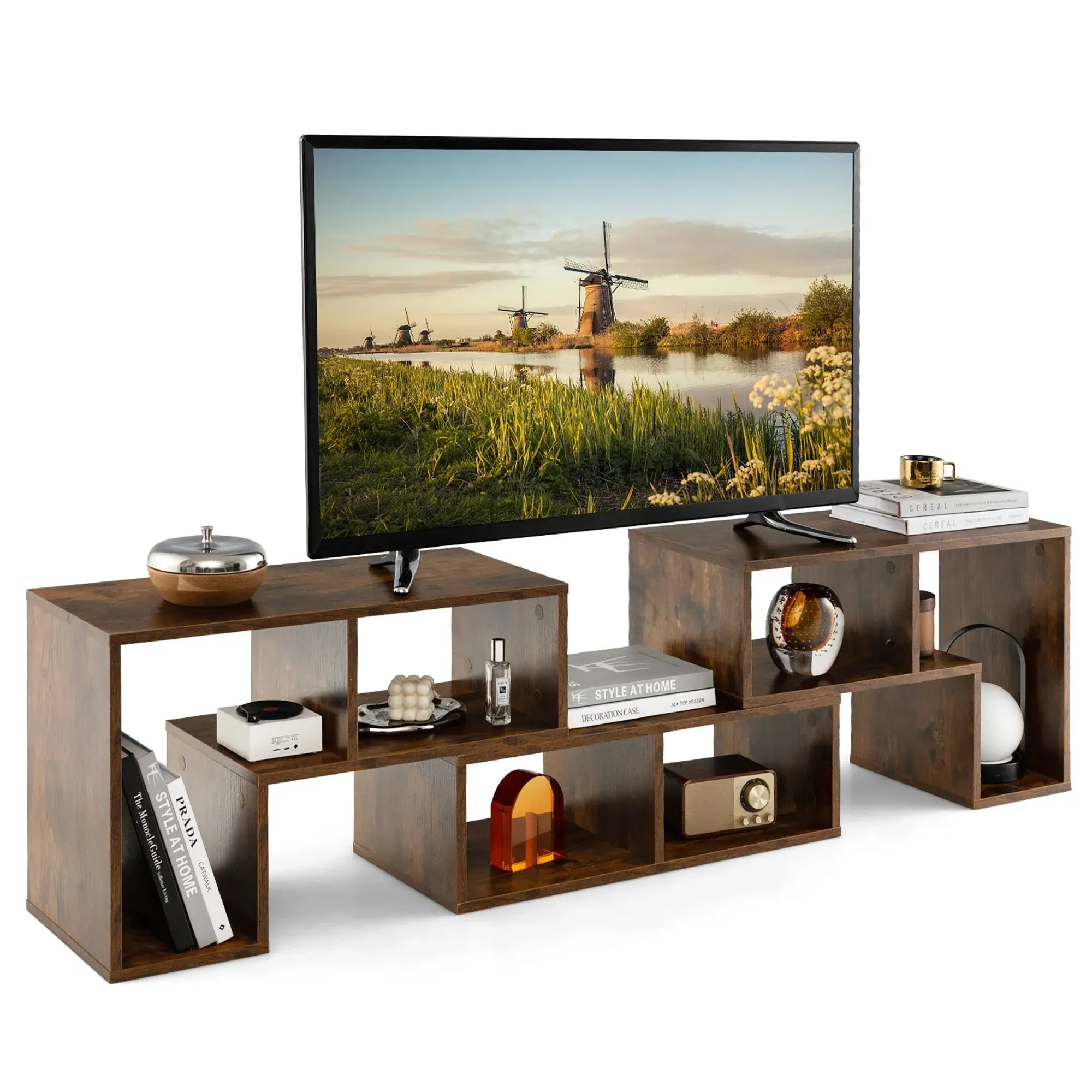 Costway 3 Pieces TV Console Stand Modern Entertainment Center Storage Bookcase Brown