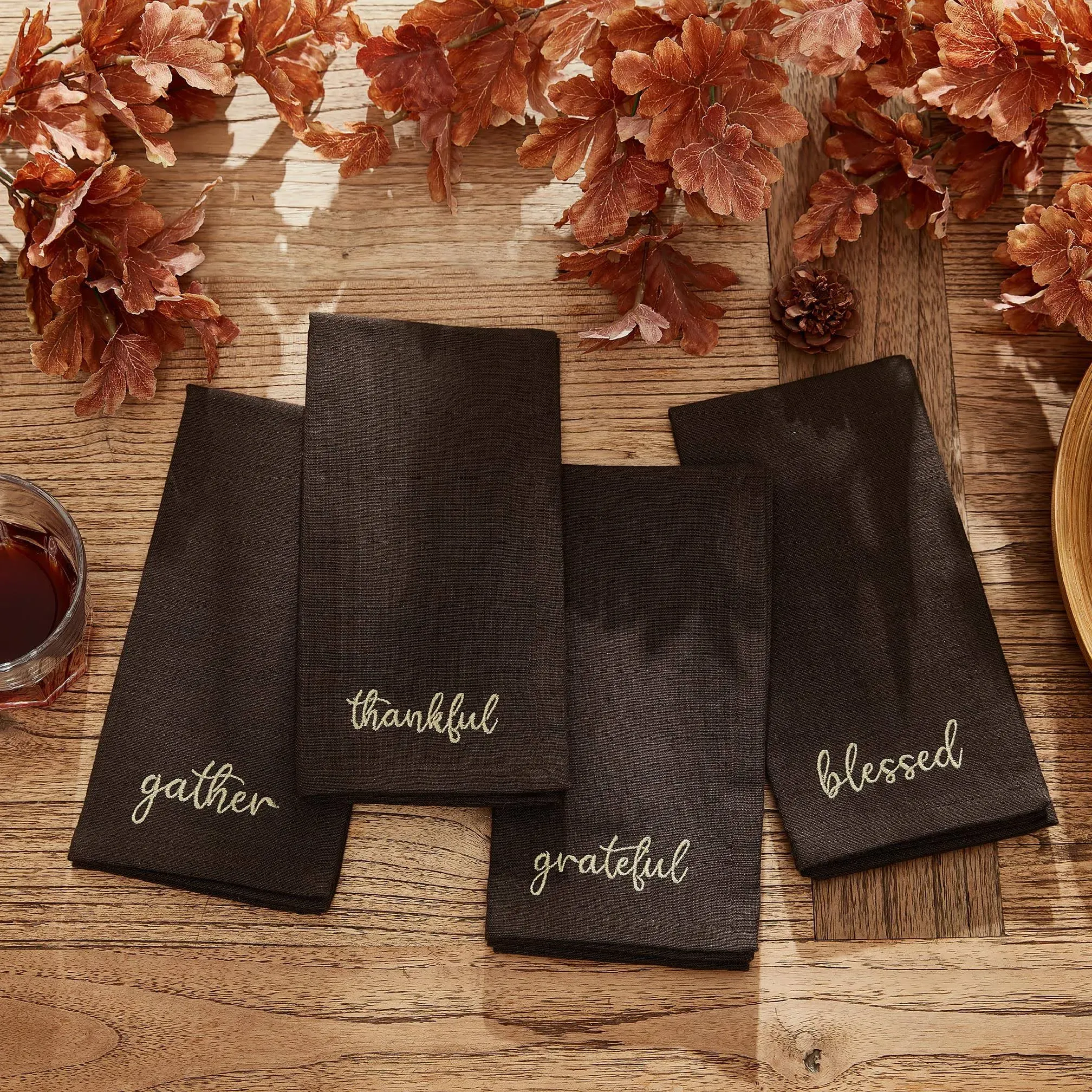 Elrene Home Fashions Harvest Fall Sentiment Embroidered Napkins, Set of 4, 17"x17", Brown