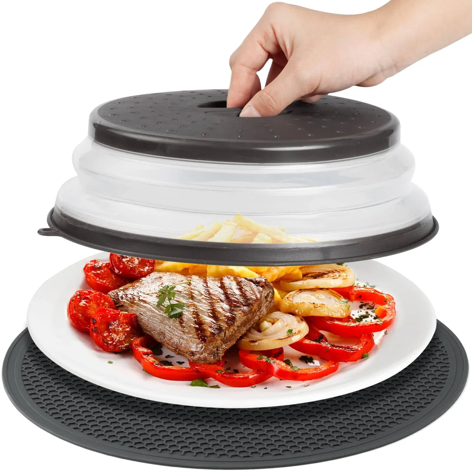 MAGJIUKE Microwave Food Cover & Mat,Vented Collapsible Splatter Guard Dish Plate Lid & Silicone Round Kitchen Mat,Heat Resistant Multi-Purpose