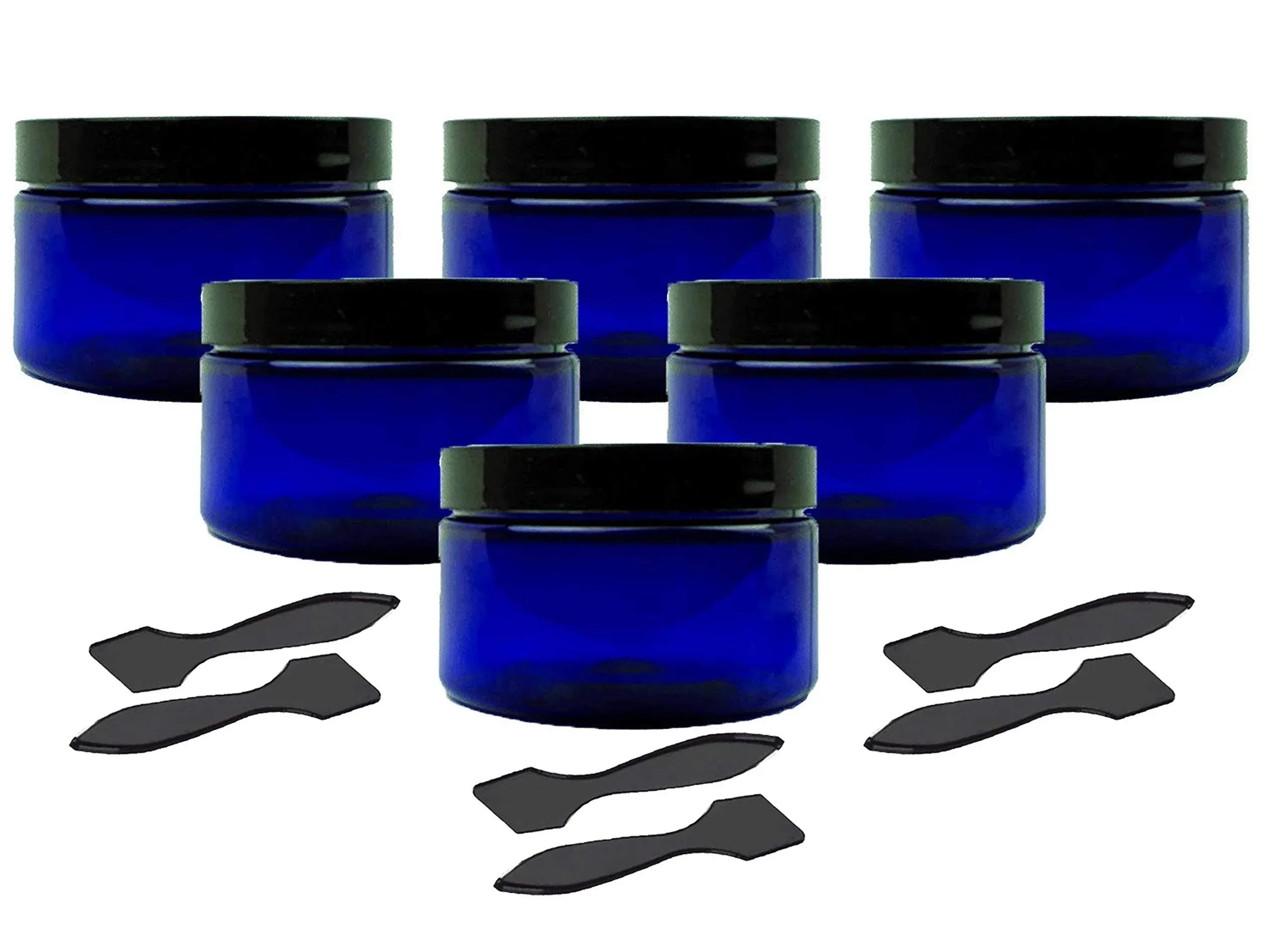 Grand Parfums 6 Cobalt Blue Low Profile 4 Oz Jars PET Plastic Empty Cosmetic Containers, Black Caps, Sugar Scrub, Powder, Body Cream, Lotion, Beads