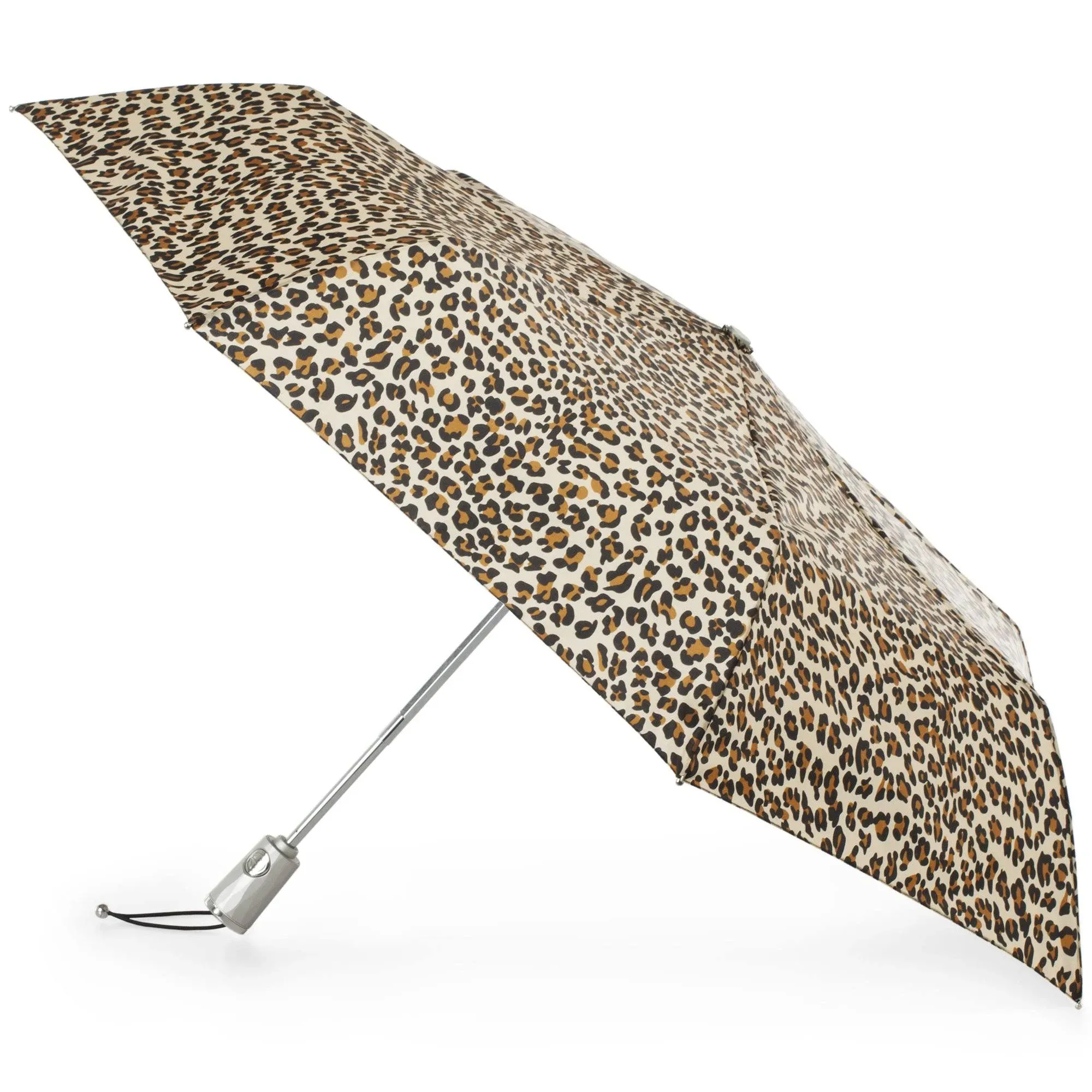 totes Automatic Open Close Water-Resistant Travel Folding Umbrella with Sun Protection, Leopard Spot