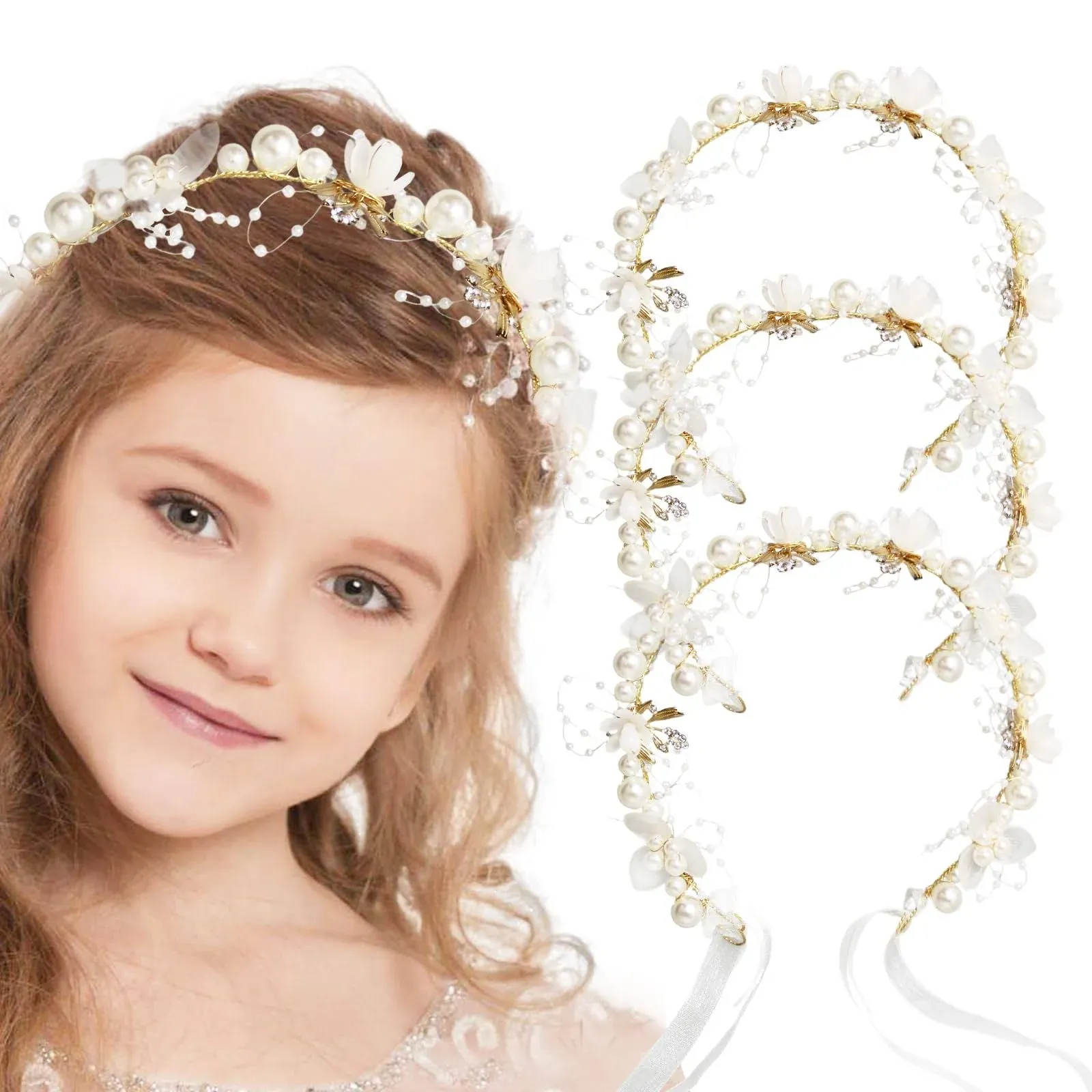 Sumotia 3 Pcs Flower Girl Headpiece Wedding Flower Girl Headband Flower Girl Hair Accessory Pearl Princess Flower Crown for Birthday Party Prom