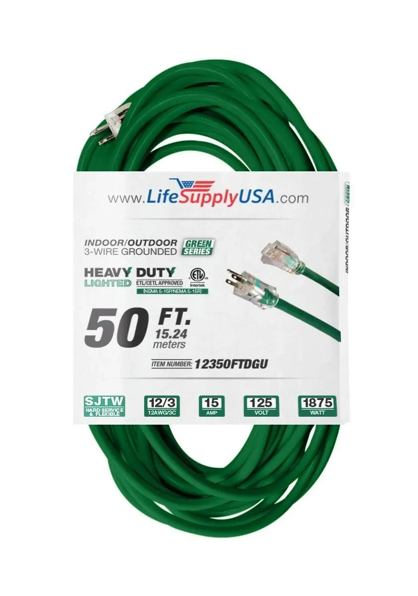 LifeSupplyUSA 50 ft. 12/3 SJTW 15 Amp 125-Volt 1875-Watt Dark Green Indoor ...