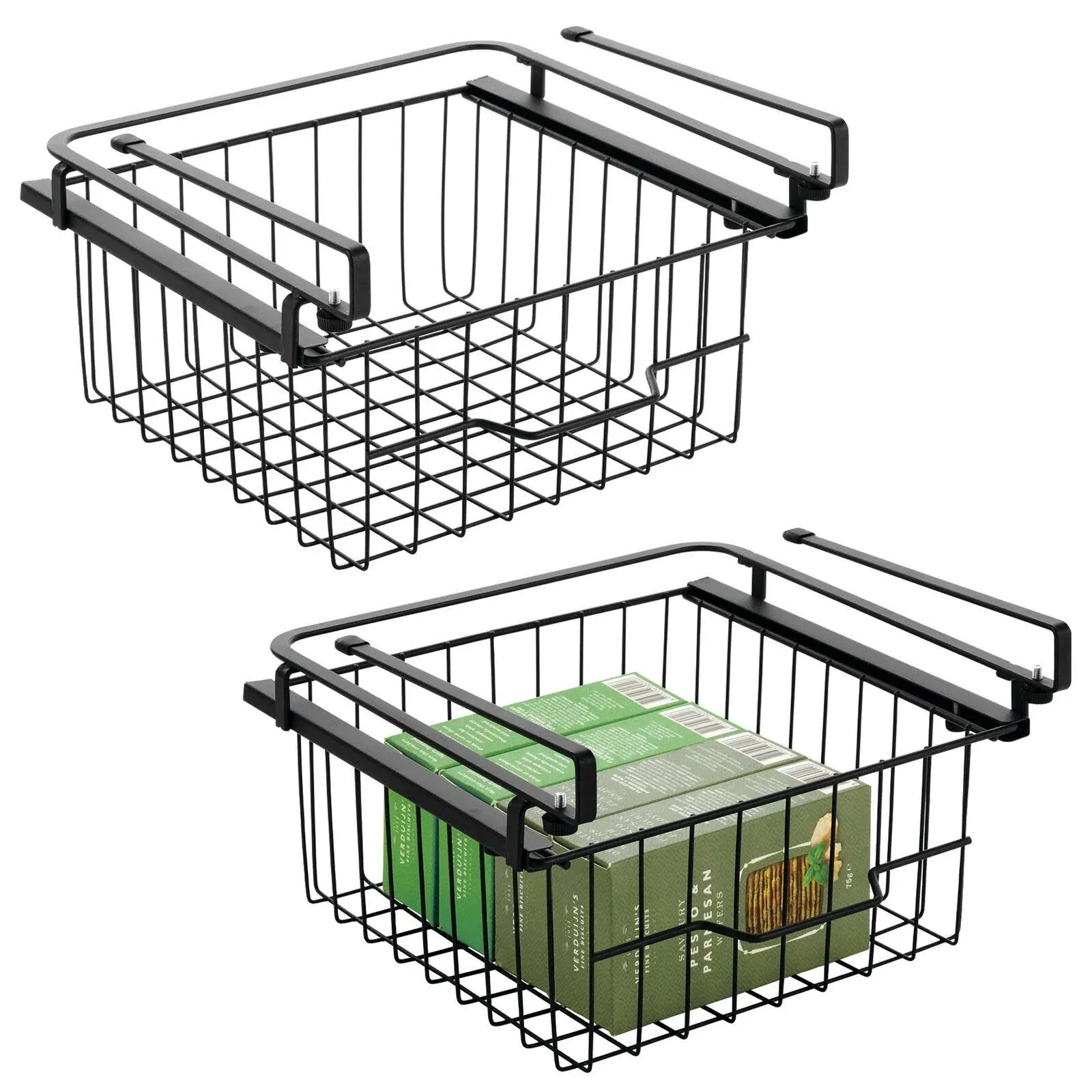 mDesign Compact Hanging Pullout Drawer Basket - Shelf Organizer - 2 Pack - Black