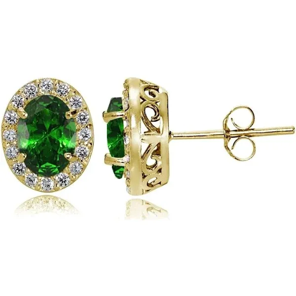 Yellow Gold Flashed Sterling Silver Created Emerald and Cubic Zirconia Accents Oval Halo Stud Earrings