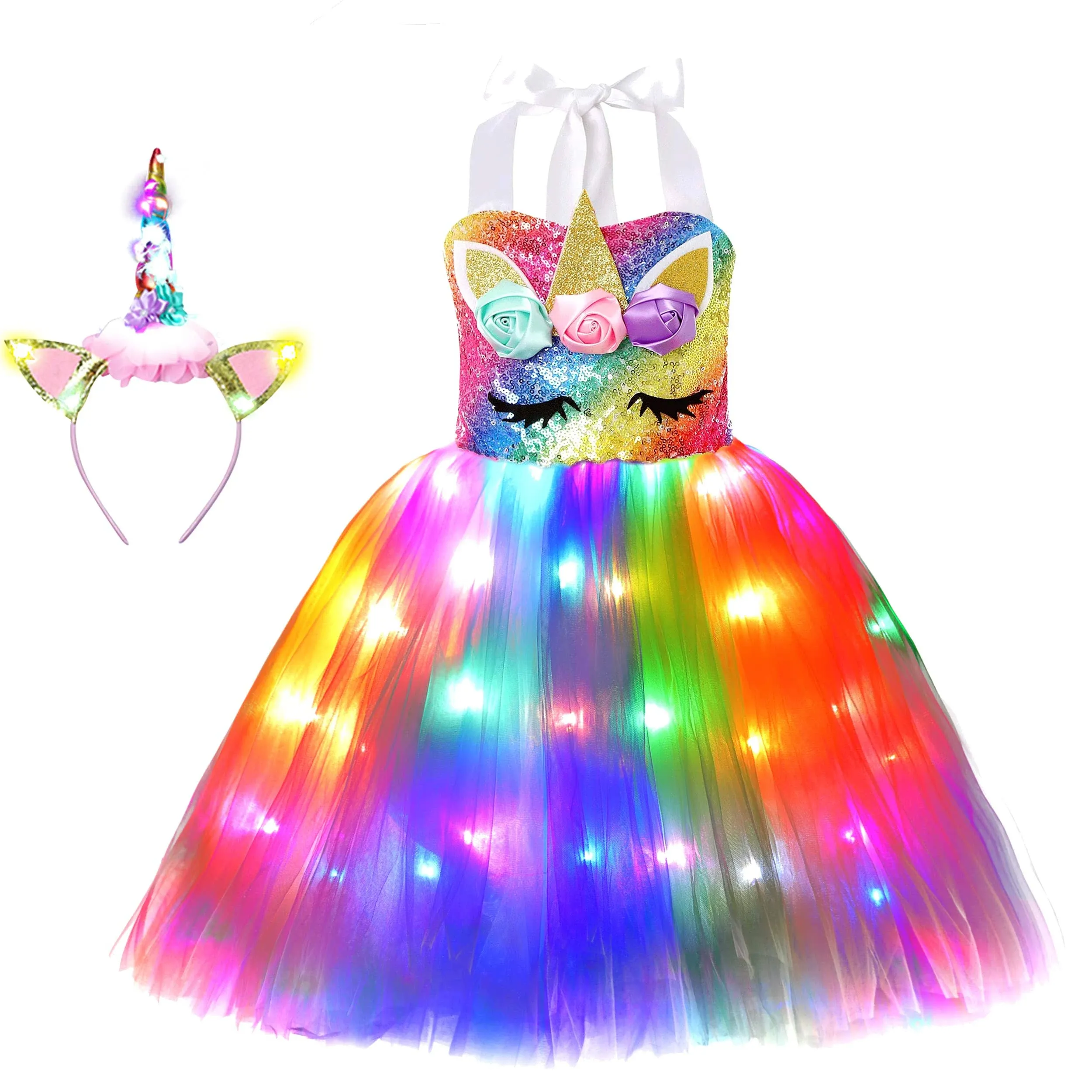 Soyoekbt Girls Unicorn Costume LED Light Up Princess Tutu Dress with Unicorn ...