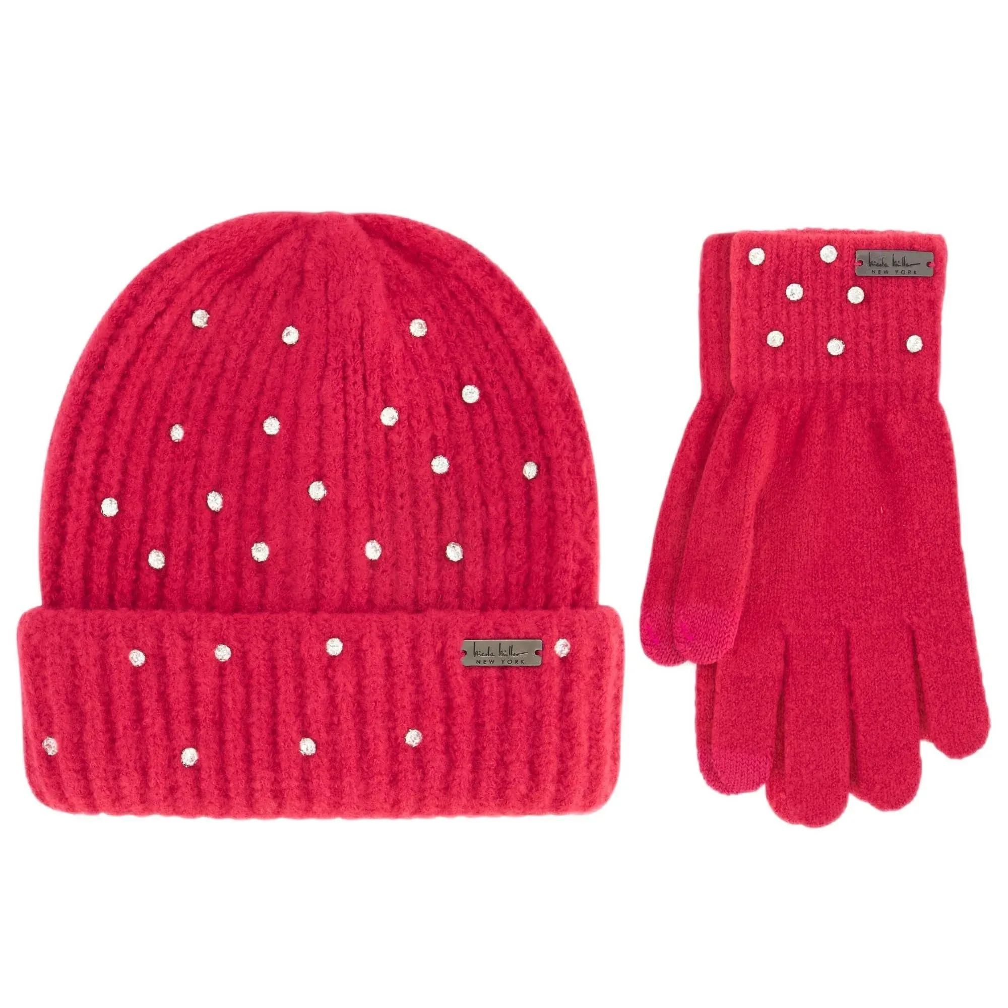 Nicole Miller Women Rhinestone Winter Beanie Hats Soft & Warm Gloves Set