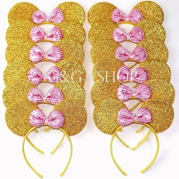 Mickey Minnie Headband 12 Pcs Mickey Minnie Mouse Ears Pink Gold Sequins Bow ...