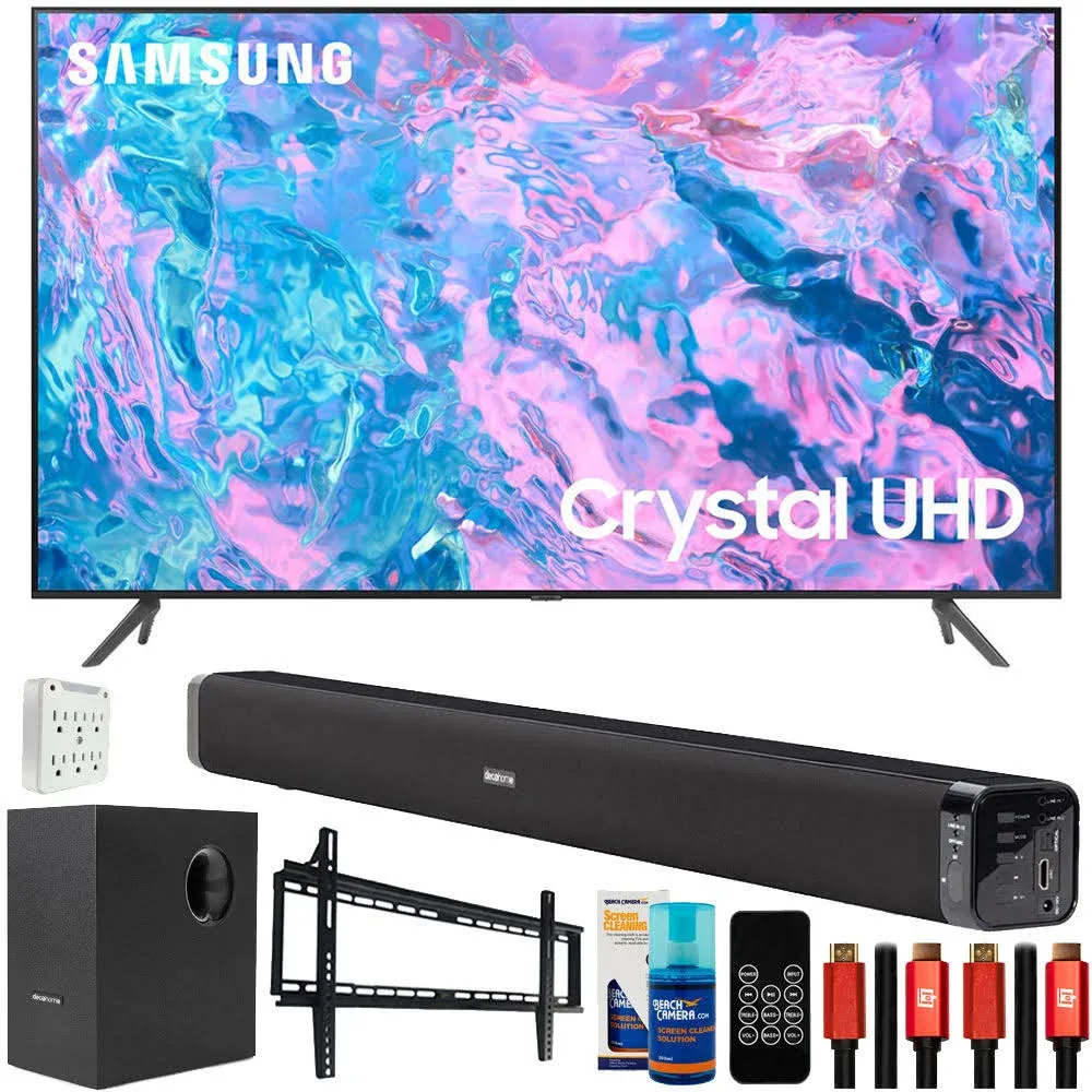 SAMSUNG UN85CU7000 85 inch Crystal UHD 4K Smart TV (2023 Model) Bundle with Deco Gear Home Theater Soundbar with Subwoofer, Wall Mount Accessory Kit, 6FT 4K HDMI 2.0 Cables and More