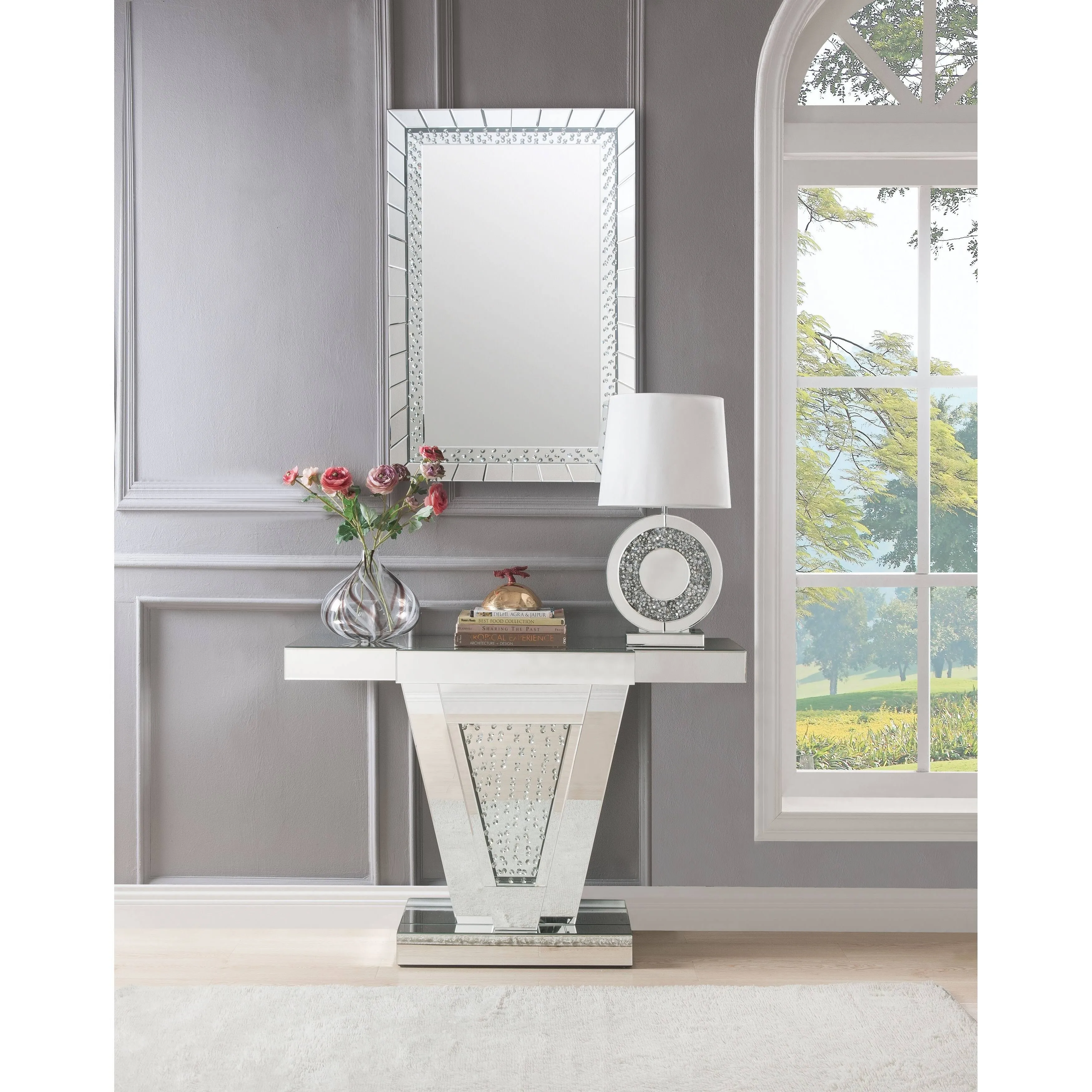 ACME Nysa Console Table - - Mirrored & Faux Crystals