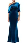 Betsy & Adam Women's Long Stretch Velvet One Off Shoulder Asymmetric Sleeve Gown