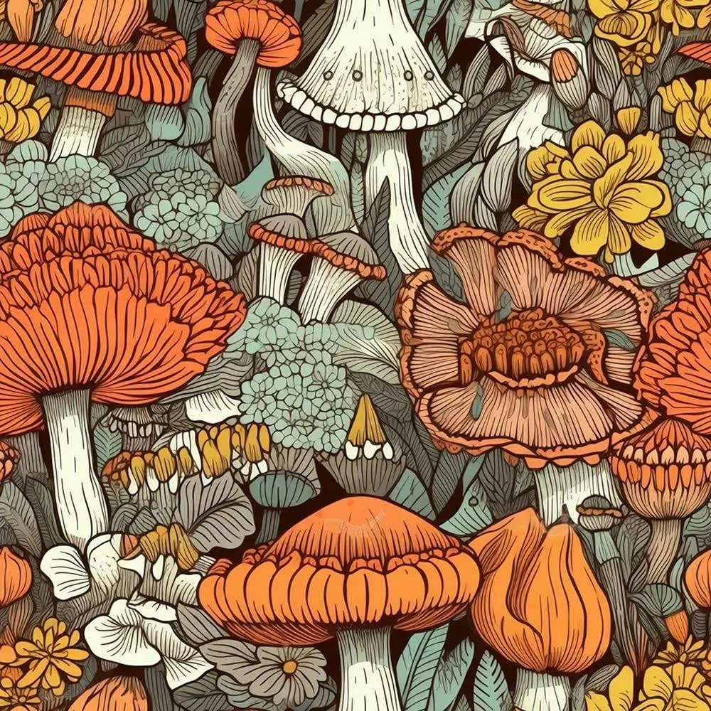 MuralPeel Boho Orange Mushroom Forest Yellow Flowers Peel and Stick Wallpaper ...