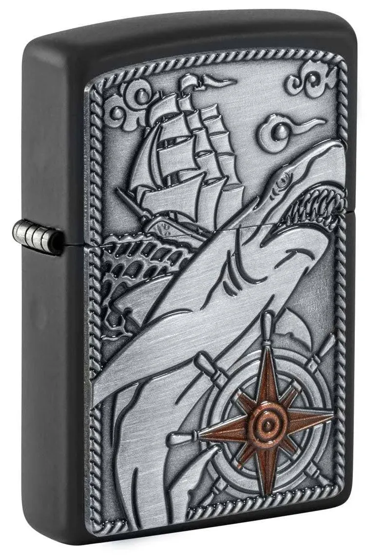 Zippo Ship Shark Emblem Design Black Matte 48120