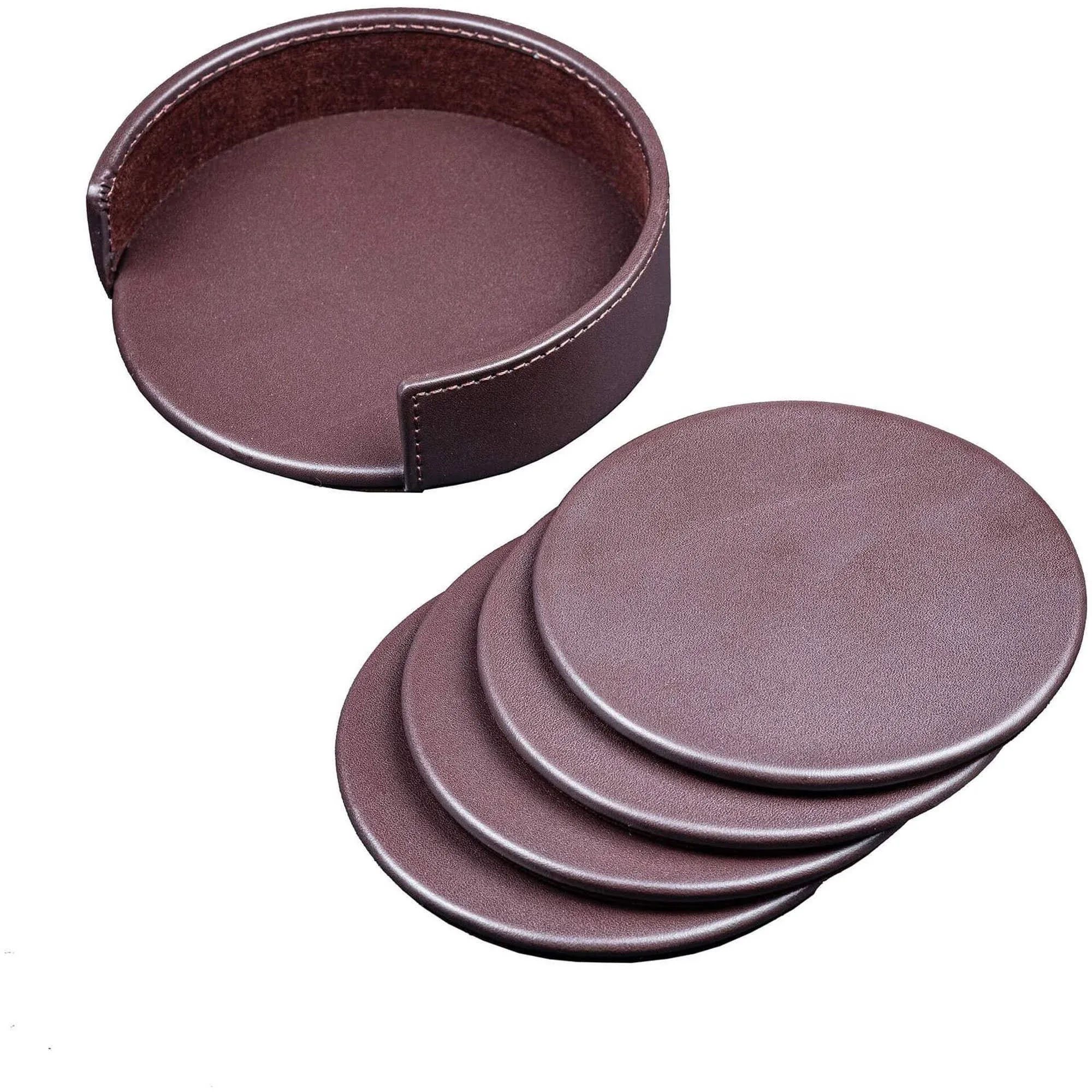 Dacasso Leather 4 Round Coaster Set with Holder, Brown