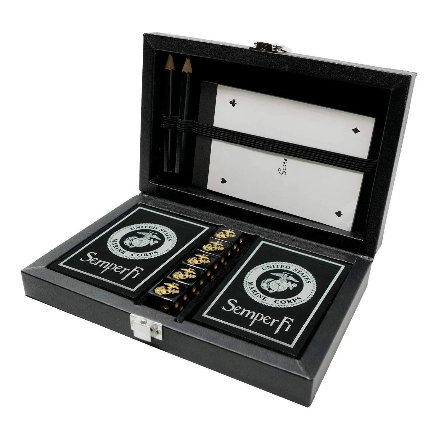 Marine Corps Playing Cards and Dice Set – Black Leather Keepsake Box, Playing Cards with USMC Rank Insignia, EGA Dice