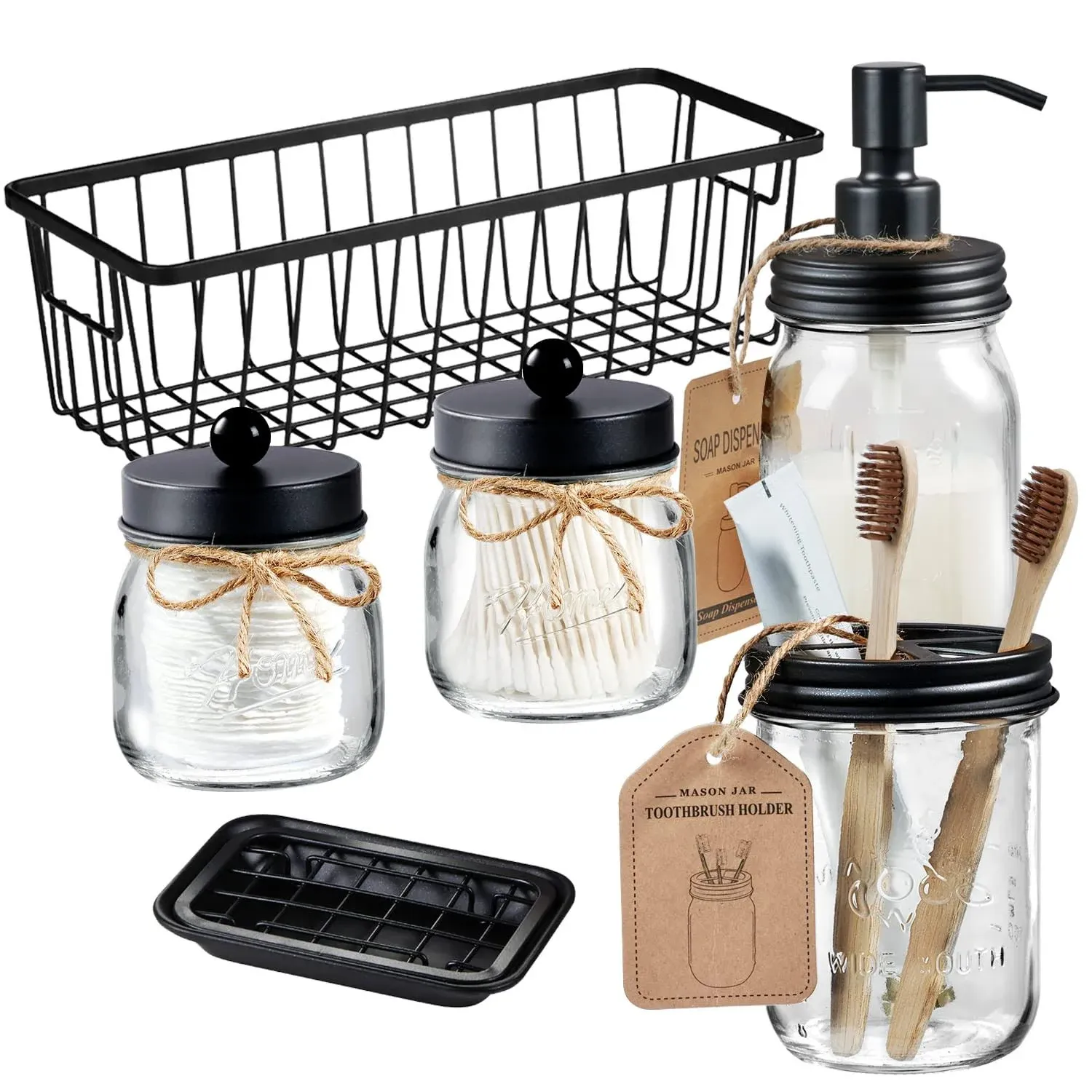 Mason Jar Bathroom Accessories Set(6PCS) - Foaming Soap Dispenser,Toot<wbr/>hbrush