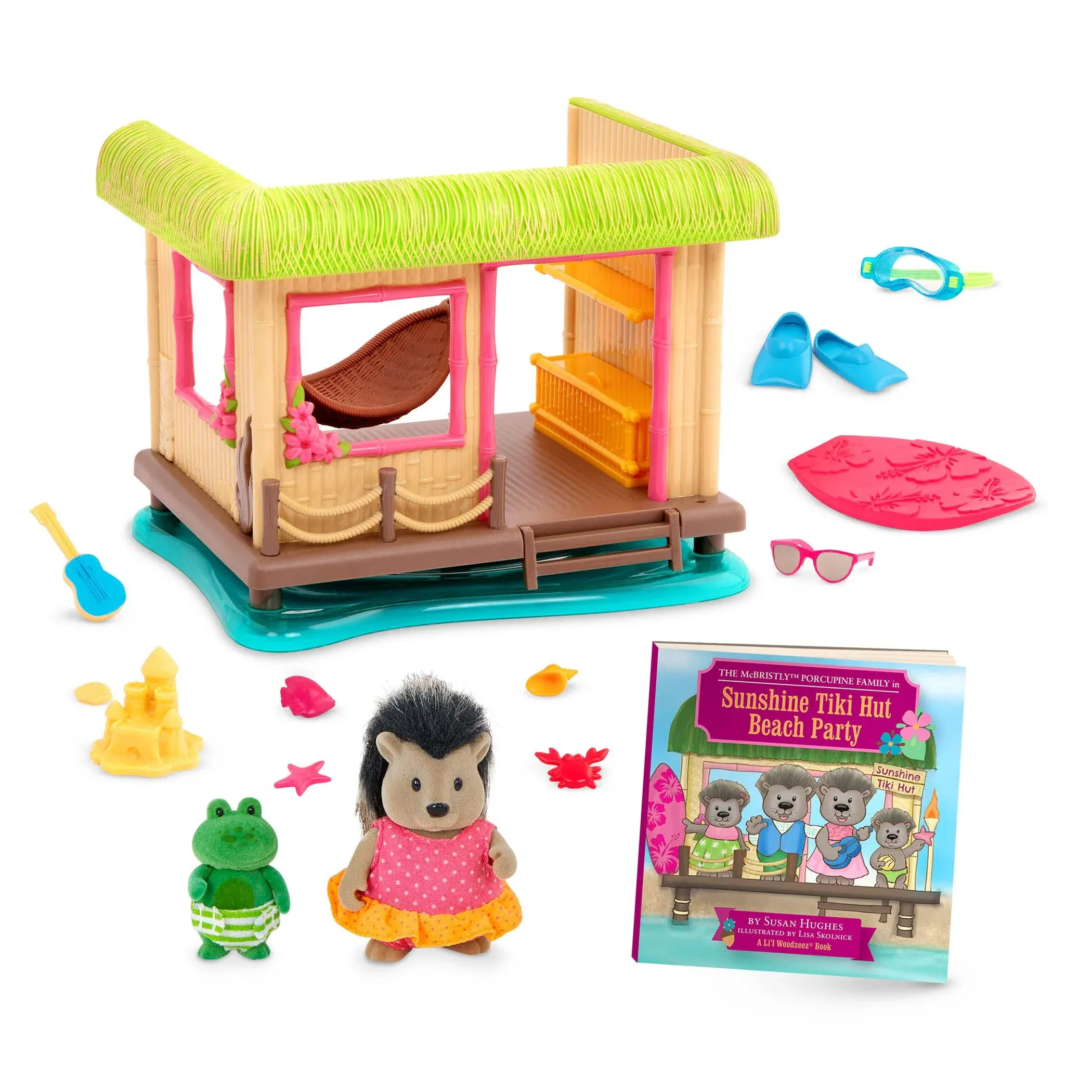 Li’l Woodzeez – Sunshine Tiki Hut Beach Party – Stackable Dollhouse Playset – 2 Posable Doll Figures & 1 Storybook Included – Miniature Beach Toys & Accessories – Pretend Play Toy Gift for Kids 3+