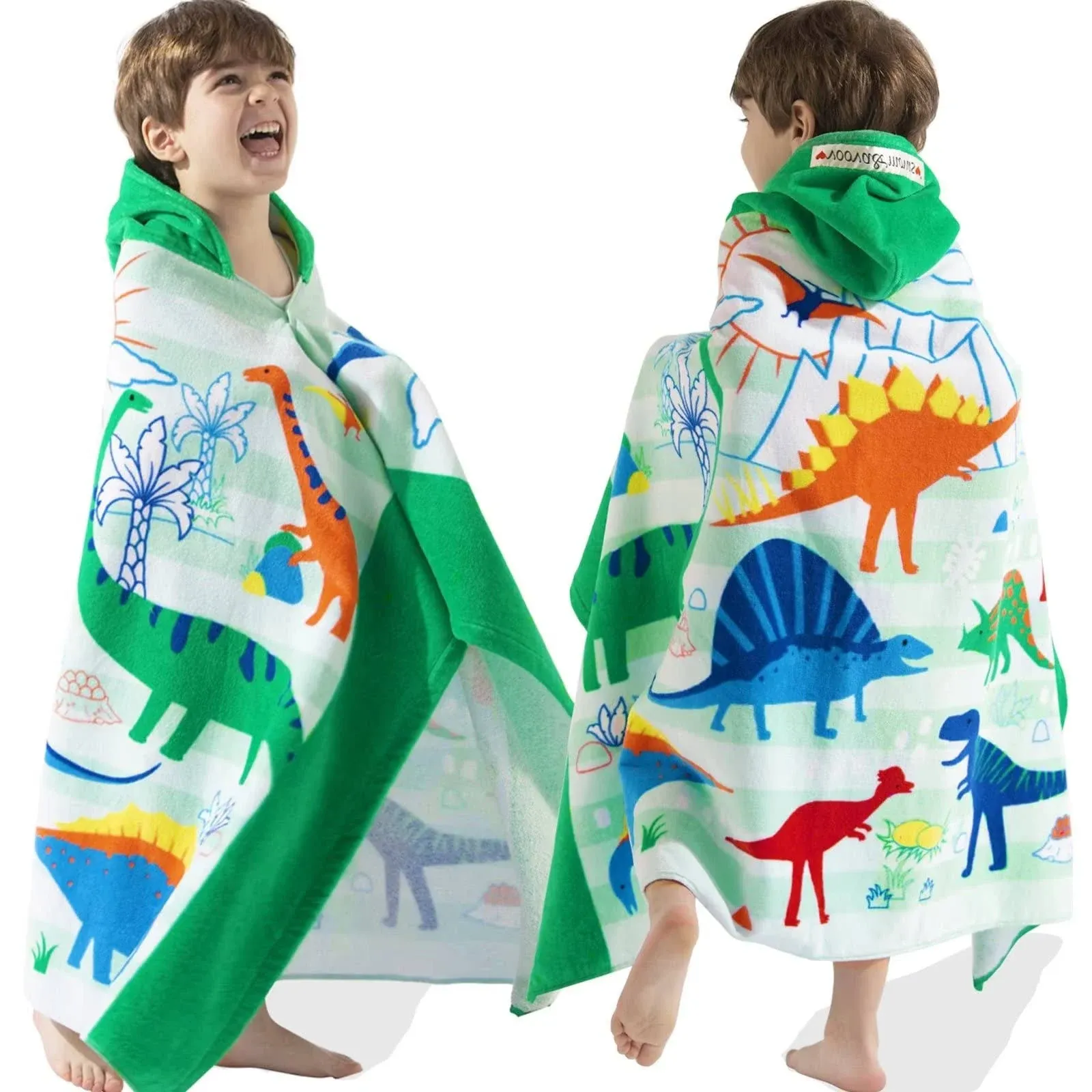 VOOVA & MOVAS Kids Bath Towels with Hood | Soft Thick Absorbent Cotton (30X50 inches) Beach | Pool Towels | Wrap Bathrobe for Boys Ages 3-10, for Toddler, Dinosaur | Dino