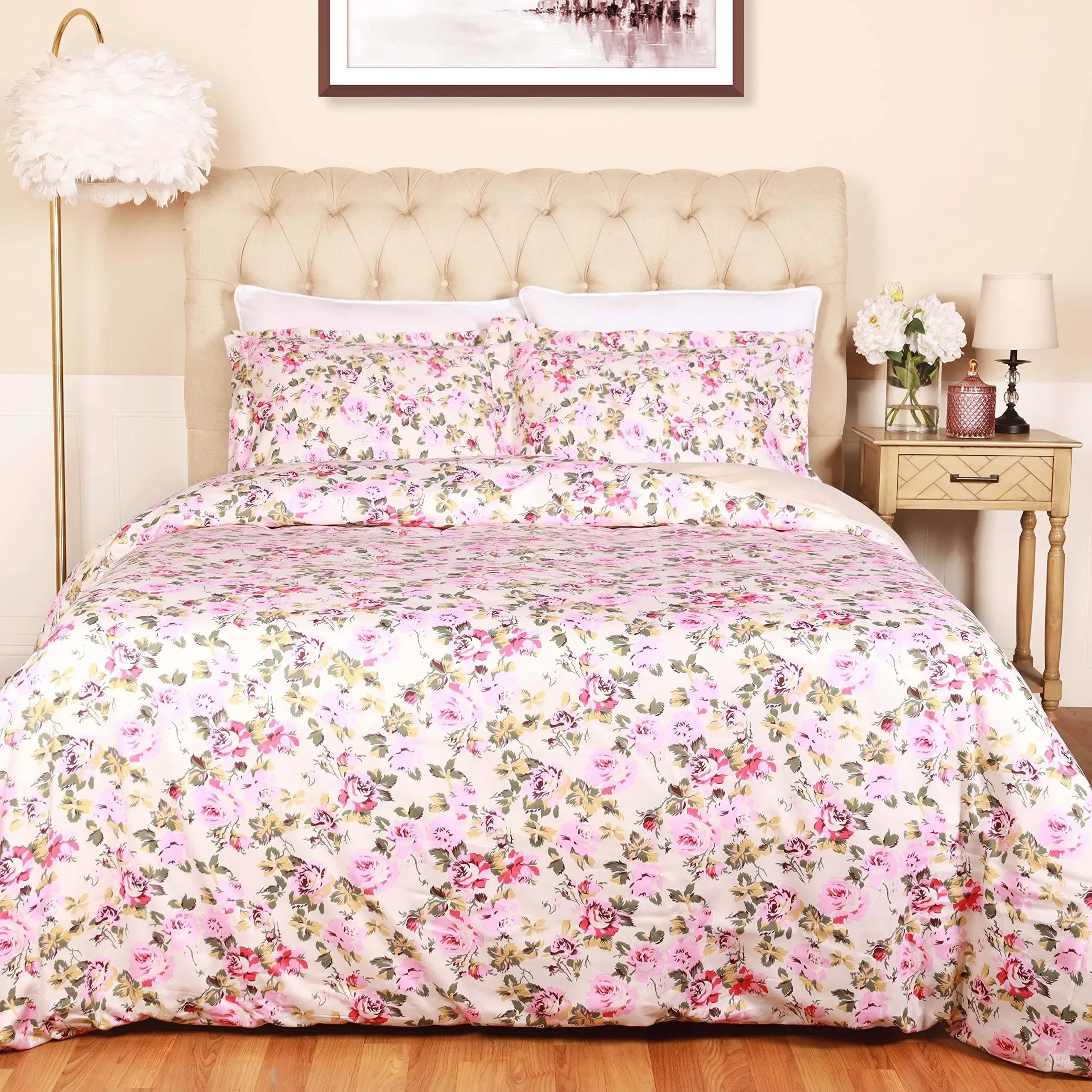 300 Thread Count Cotton Bellflower Modern Floral Duvet Cover &amp; Pillow Shams Set