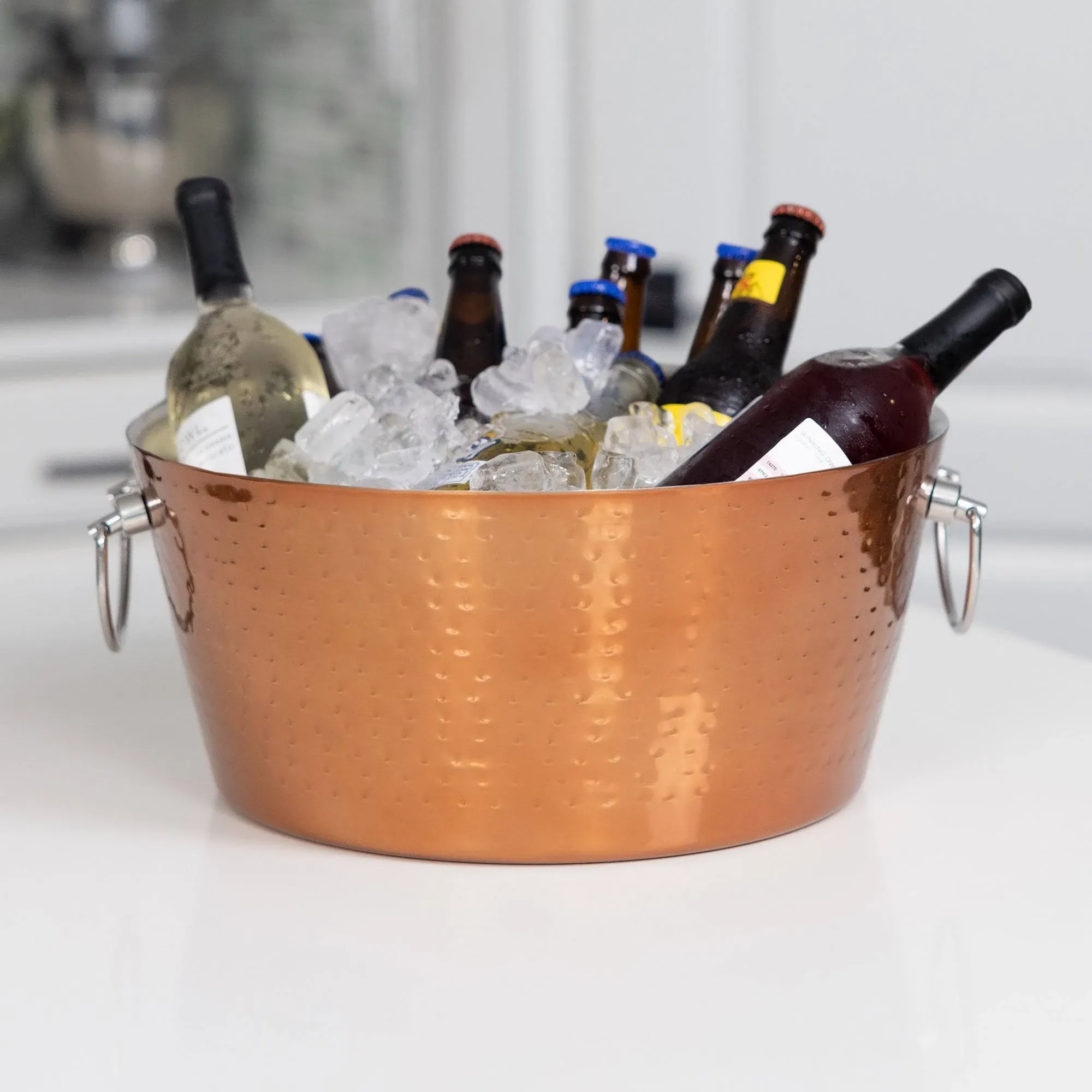 BREKX Rose Copper Finish Anchored Double Walled Hammered Steel Beverage Tub