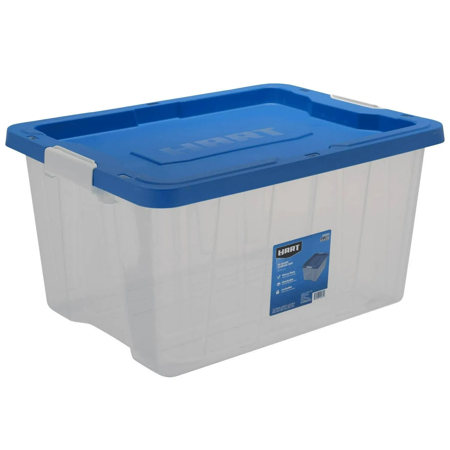 KnoRRS 68 Quart Latching Plastic Storage Bin Container, Stackable Large Capacity Storage Bin, 1 Pack, Clear with Blue Lid