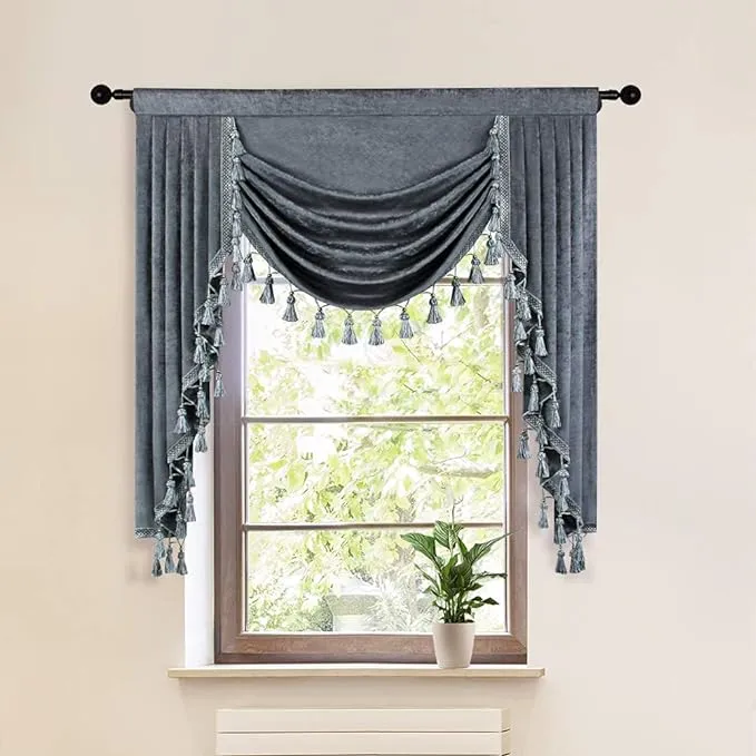 ELKCA Grey Chenille Curtains Valance for Living Room Window Waterfall Valance for ...