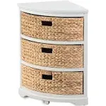 eHemco 3 Tier x-Side Corner Table Storage Cabinet with 3 Natural Water Hyacinth Wicker Baskets for Living Room, White