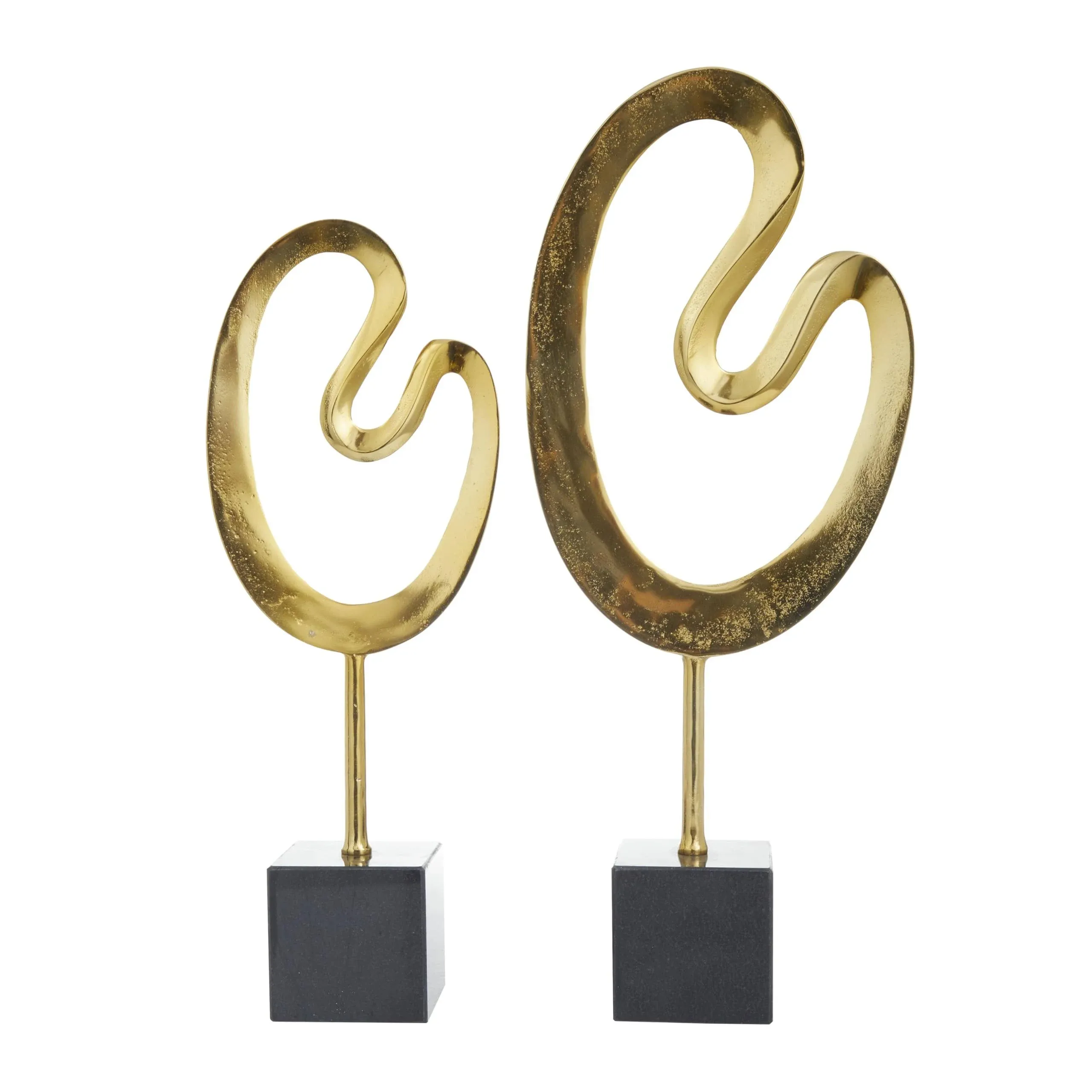 Set Of 2 Abstract Gold Marble Sculpture With Black Base