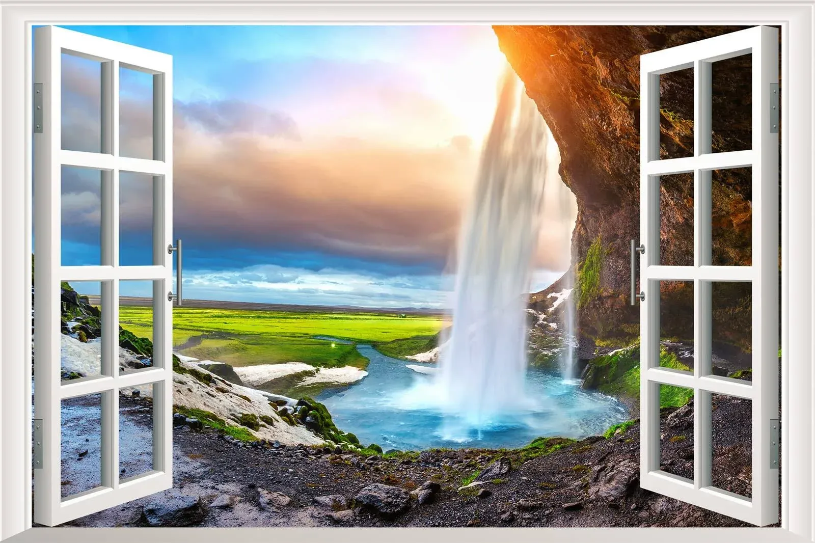 FAYYGYH 3D Forest Waterfall Fake Window Wall Stickersnature Mountain Mural Wall ...