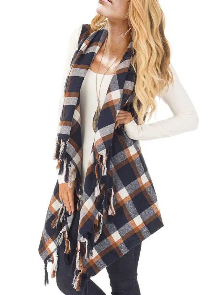 Inorin Womens Sleeveless Plaid Asymmetrical Hem Tassel Drape Open Front Cardigan