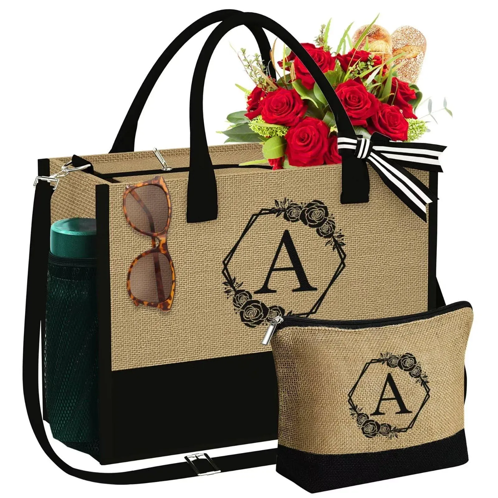 YOOLIFE Gifts for Women - Mothers Day Gifts, Graduation Gifts, Teacher Appreciation Gifts, Initial Jute Tote Bag & Makeup Bag