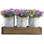 CALAVAK Decorative Centerpiece Wooden Tray with 3 Metal Potted Artificial Milan Flowers Rustic Country Farmhouse Décor for Dining Room, Living Room