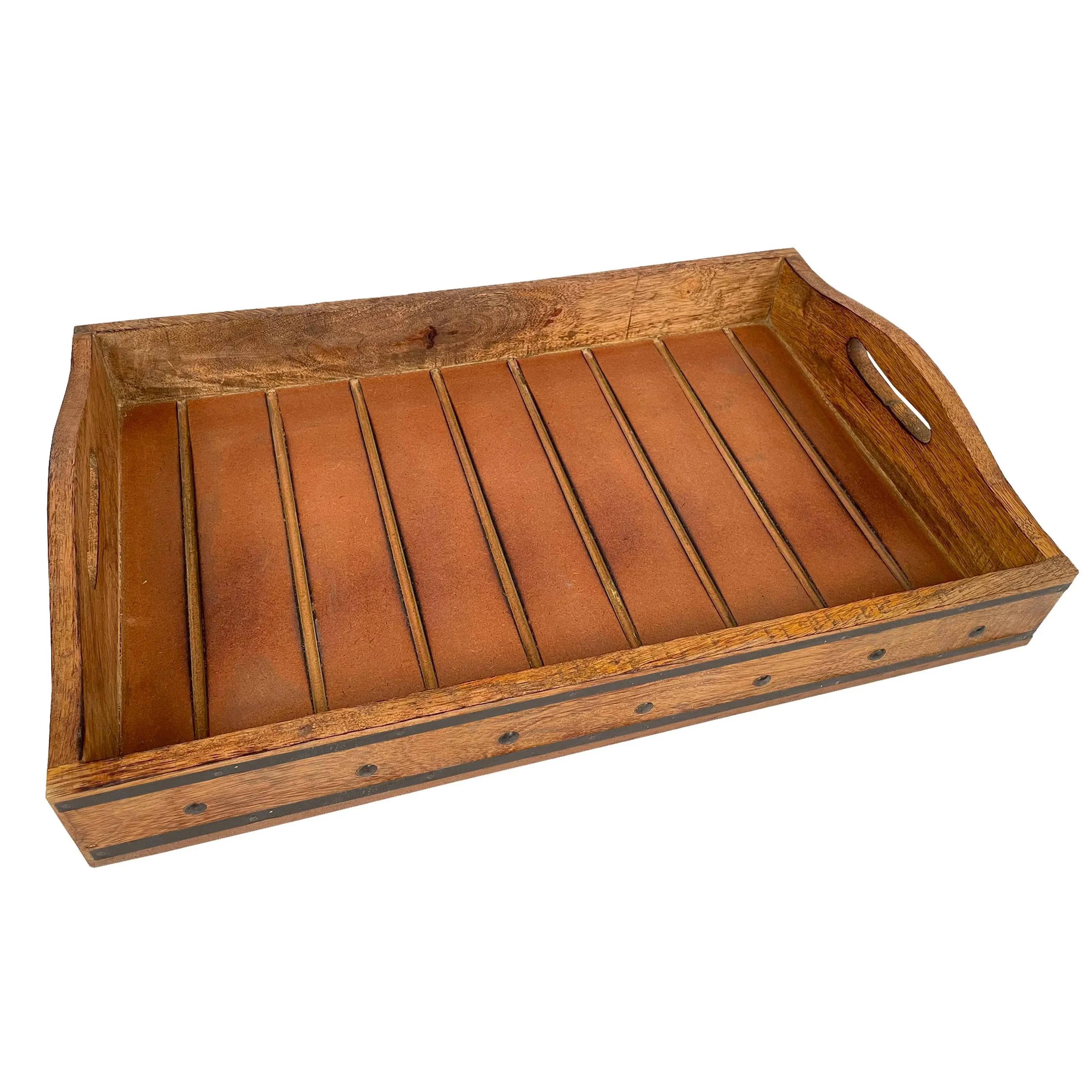 Rectangular Farmhouse Wooden Tray with Rivets Accent and Metal Trim, B