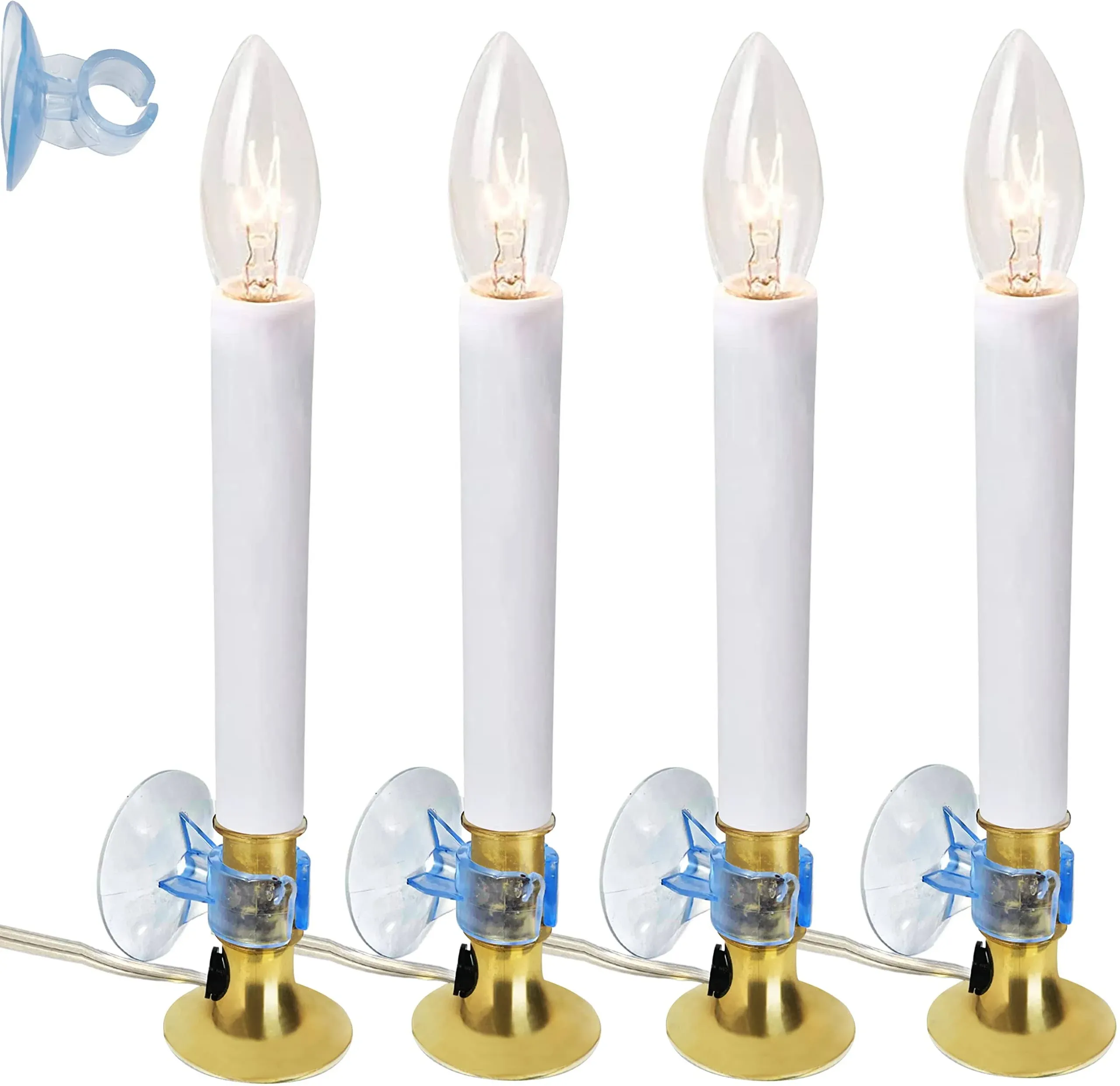 4E's Novelty Dusk to Dawn Electric Christmas Window Candles with Auto Sensor, Plug in 4 Pack Bulk - with Suction Cup Holder & Extra Bulb