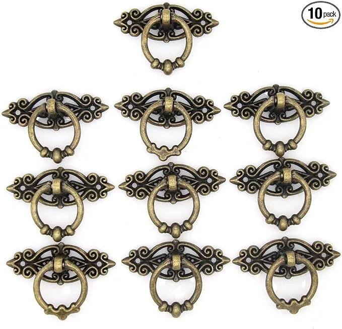 10 PCs Vintage Distressed Antique Brass Finish Ring Pulls Handles for Cabinet Cupboard Drawer Dresser, Length 2.5-in (6.5 cm) and Width 1.8-in (4.7 cm)