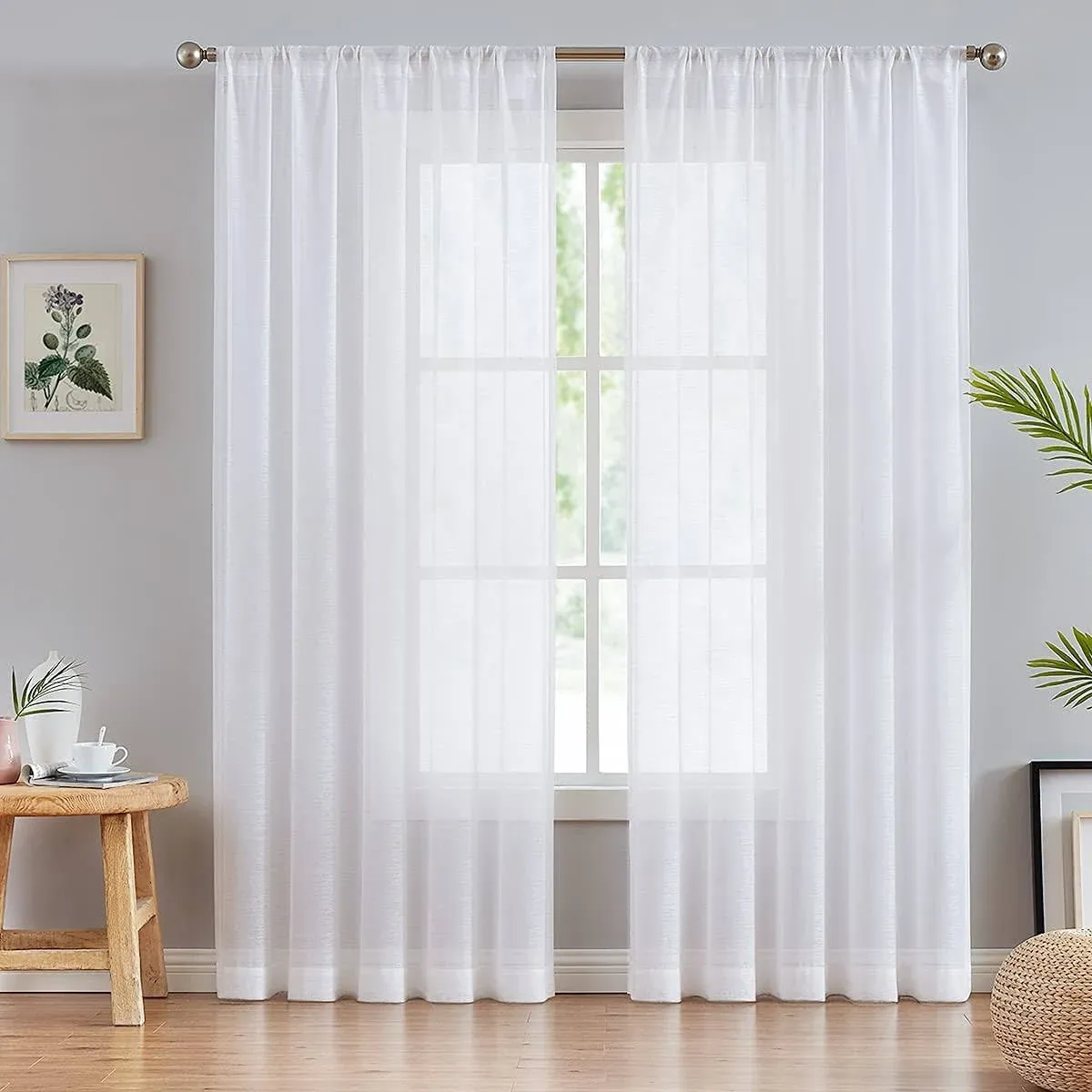 Slub White Semisheer Curtain Panels For Bedroom 63&#034; Short Window Draperies For L