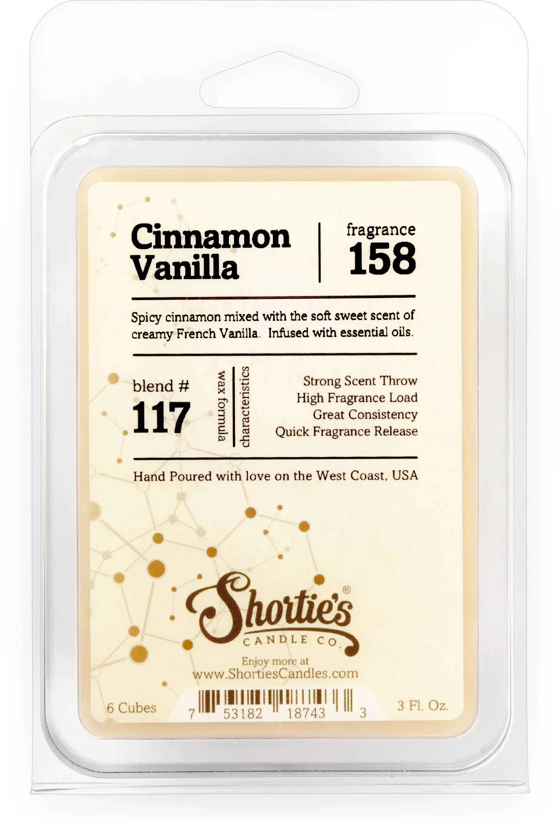 Shortie's Candle Company Cinnamon Vanilla Wax Melts Highly Scented + Natural Oils