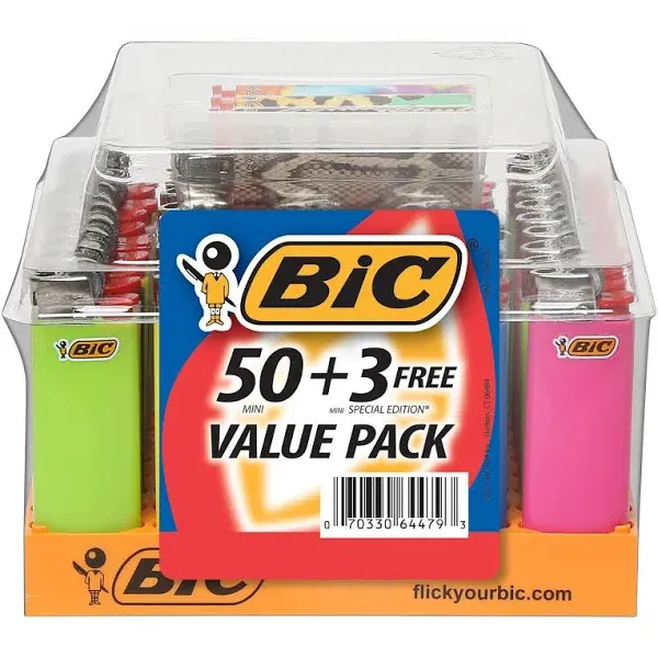 BIC 50ct Mini Pocket Lighter Tray with 3 Bonus Special Edition Mini Pocket Lighters, 53ct