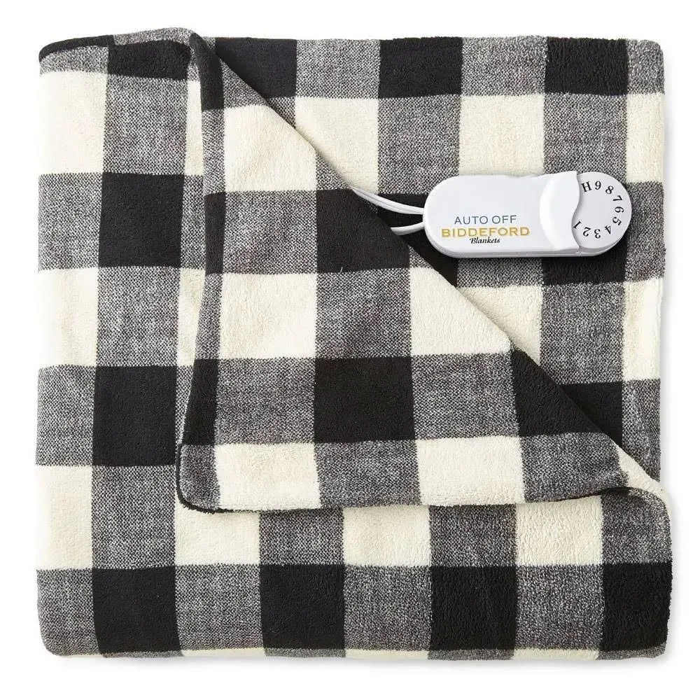 Biddeford Comfort Knit Fleece Electric Heated Warming Throw Blanket Black White