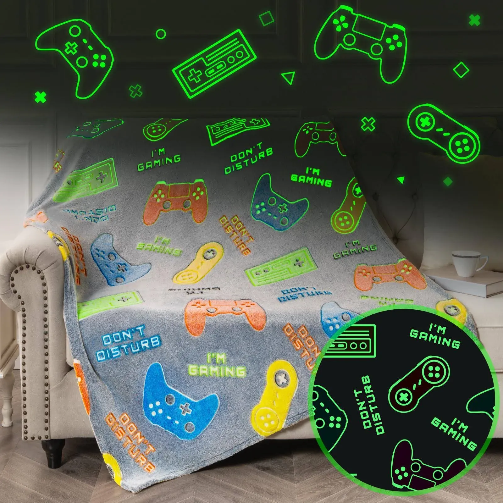 Glow in The Dark Gamer Gaming Blanket Gifts Toys for Kids Boys 1-14 Years Old Birthday Christmas Valentine's Gift Toddler Teens Boyfriends Game Controller Presents Throw Game Room Decor Grey 50"x 60"