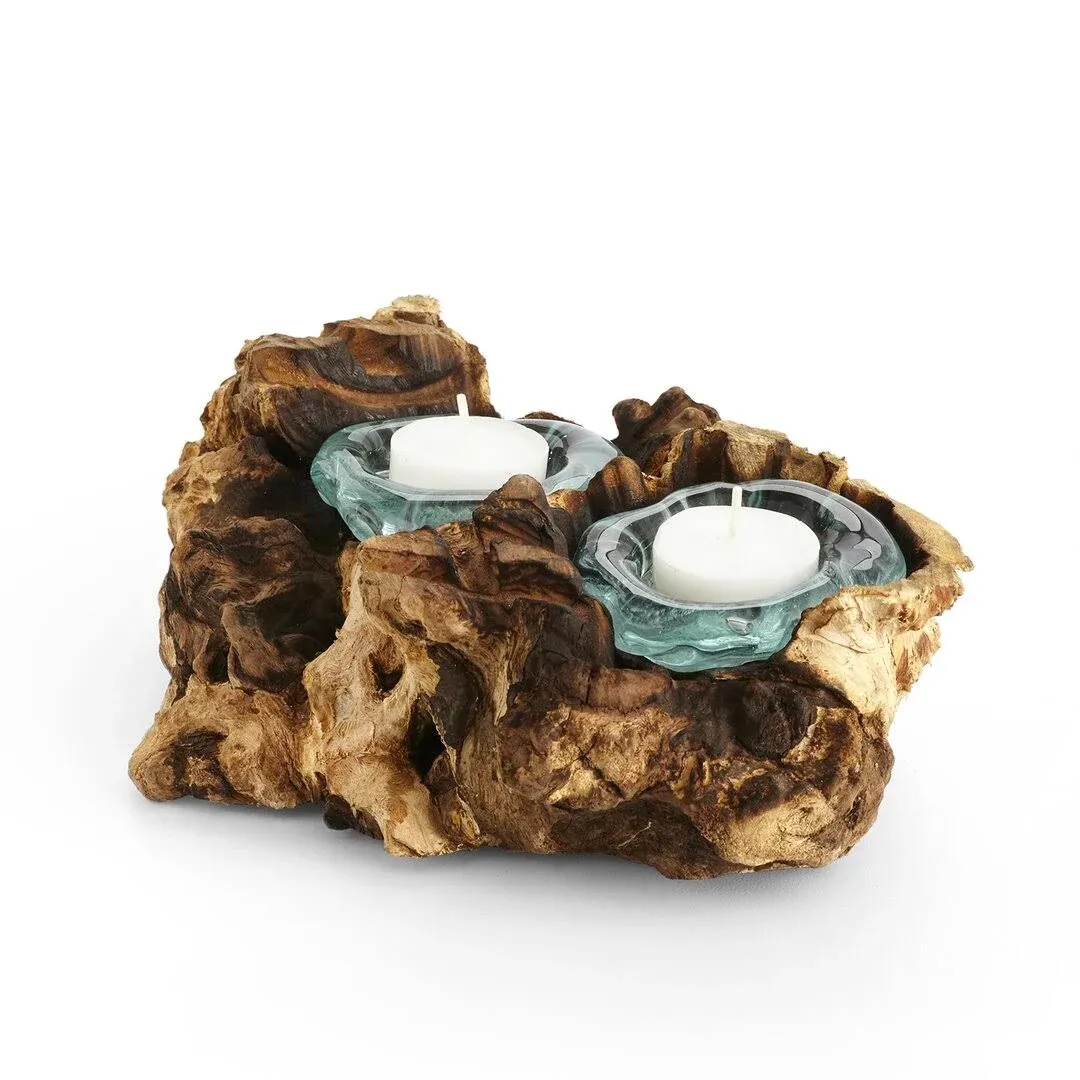 Cohasset Gifts 652-2 Cohasset Double Molten Candle Holder, Natural Wood and Recycled Glass