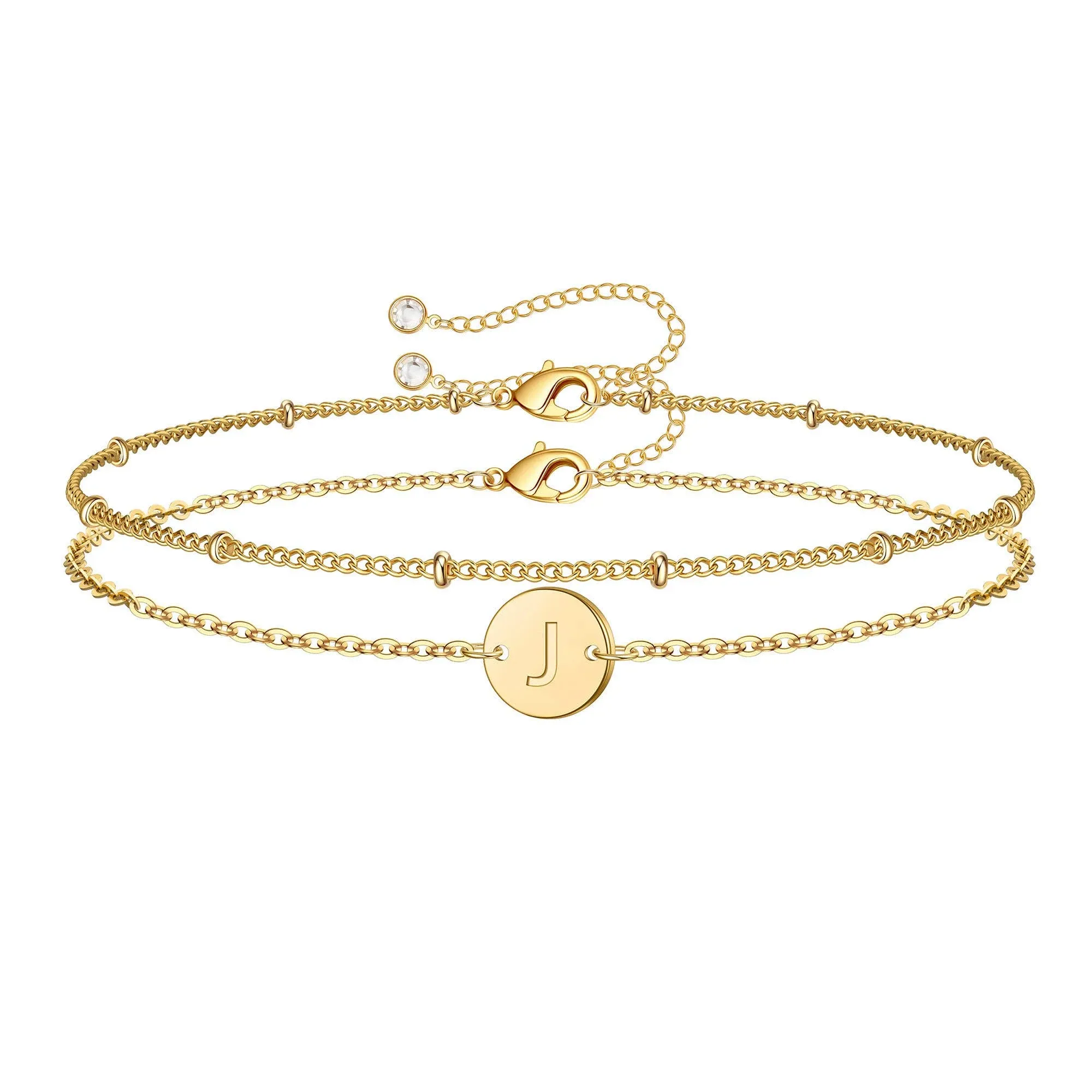 MONOZO Gold Initial Bracelets for Women, Dainty 14K Gold Filled Layered Beaded Letter Initial Bracelet Personalized 26 Alphabet Disc Monogram Charm Bracelet Jewelry Gifts for Her