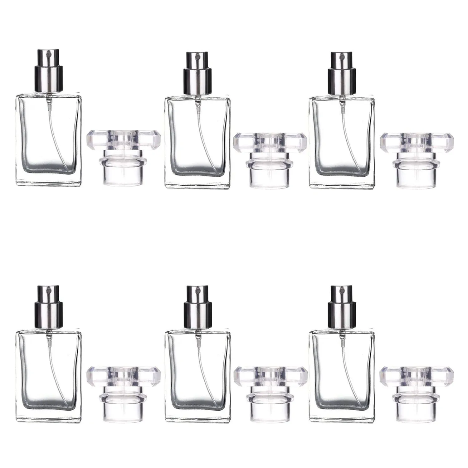 luojery 6 Pack 30ml / 1 oz Transparent Refillable Perfume Bottle, Portable Square Empty Glass Perfume Atomizer Bottle with Spray Applicator 4 Free